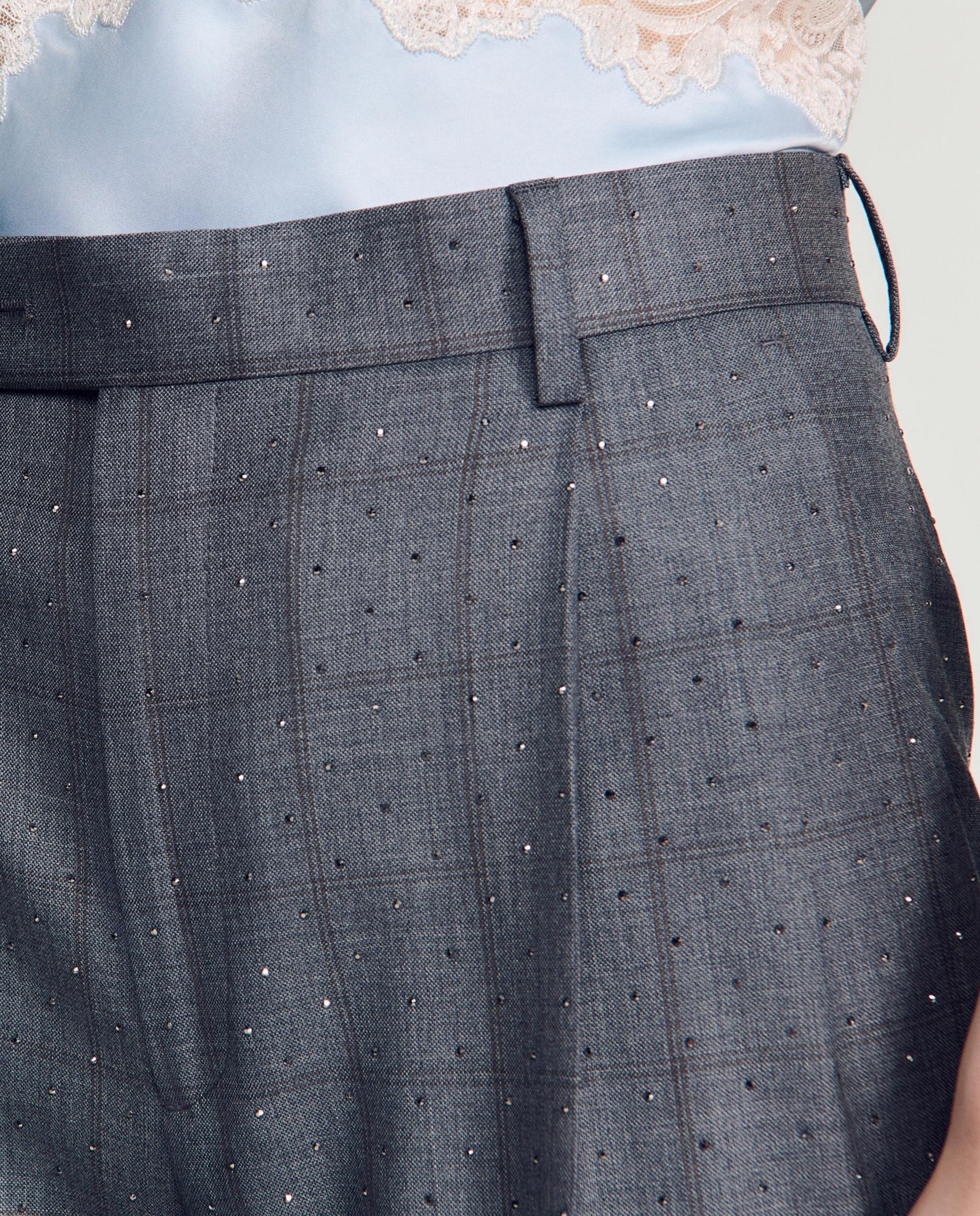 Pantalones de vestir de mujer anchos de talle alto con cuadros y strass 100% lana - Sandro - Gris oscuro Gris oscuro-5