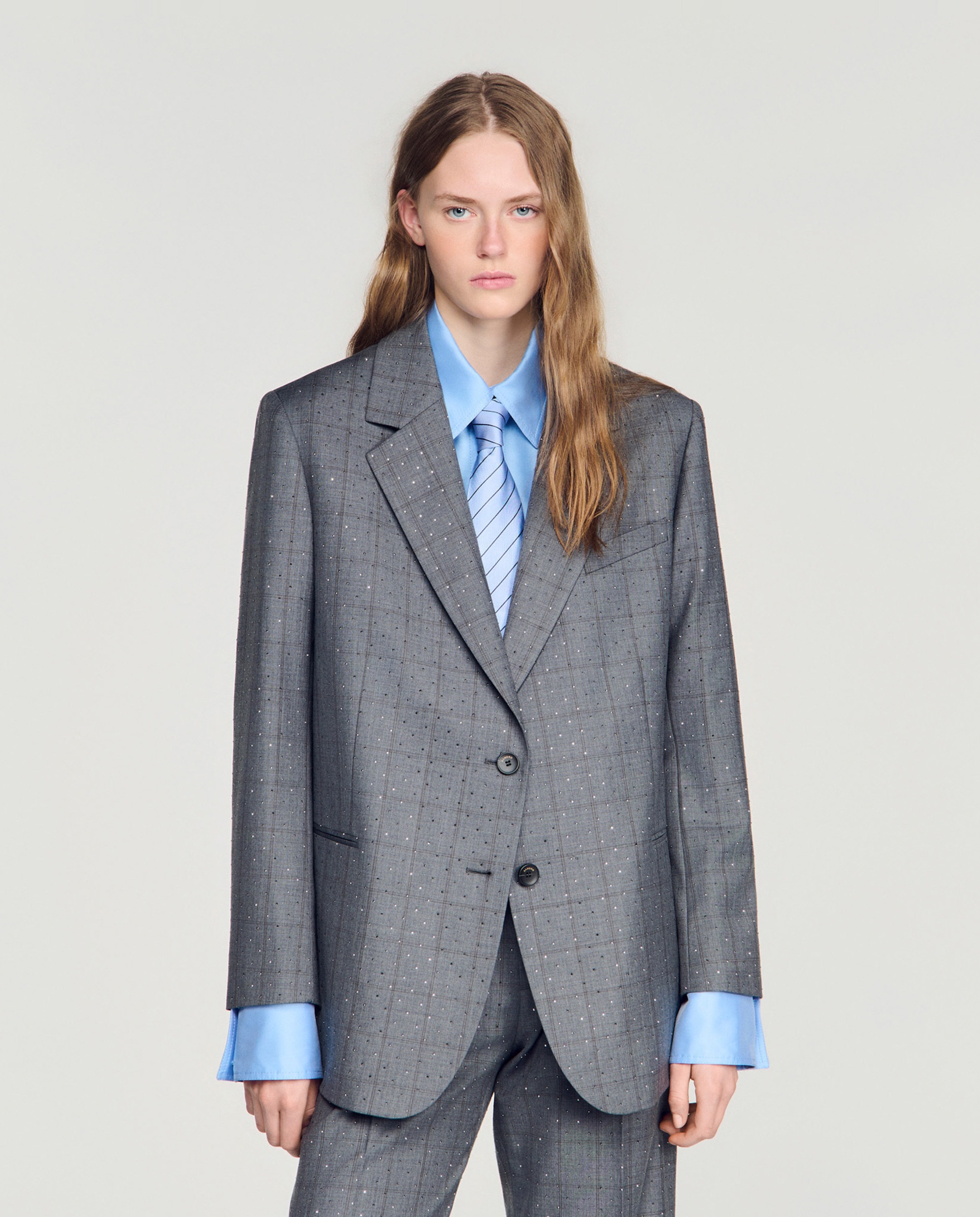 Blazer de mujer estampado cuadros con strass y lana - Sandro - Gris oscuro Gris oscuro-1