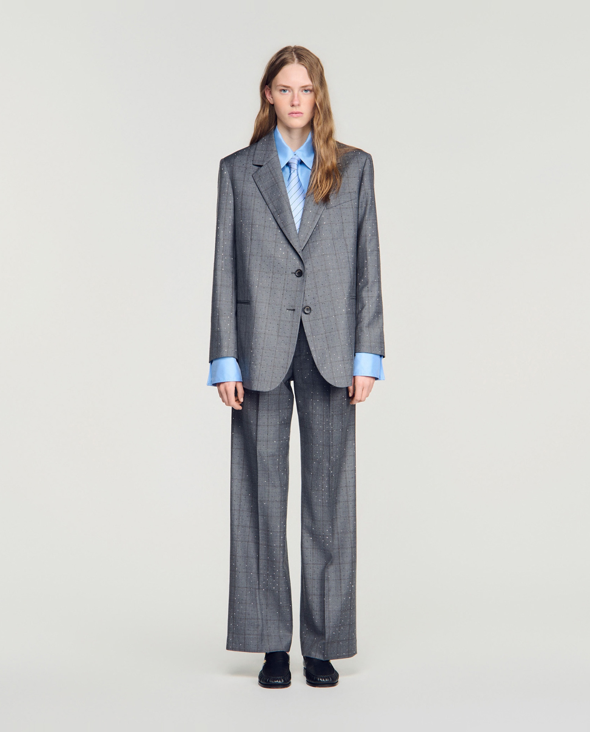 Blazer de mujer estampado cuadros con strass y lana - Sandro - Gris oscuro Gris oscuro-3