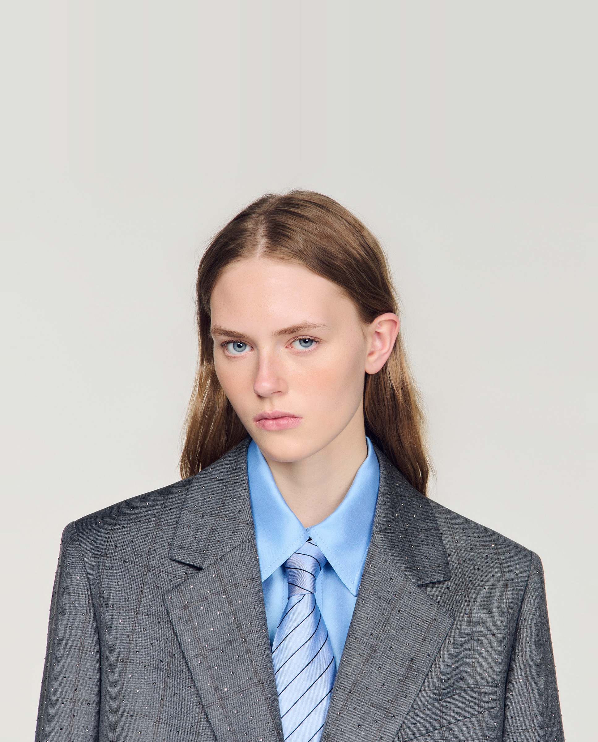 Blazer de mujer estampado cuadros con strass y lana - Sandro - Gris oscuro Gris oscuro-4