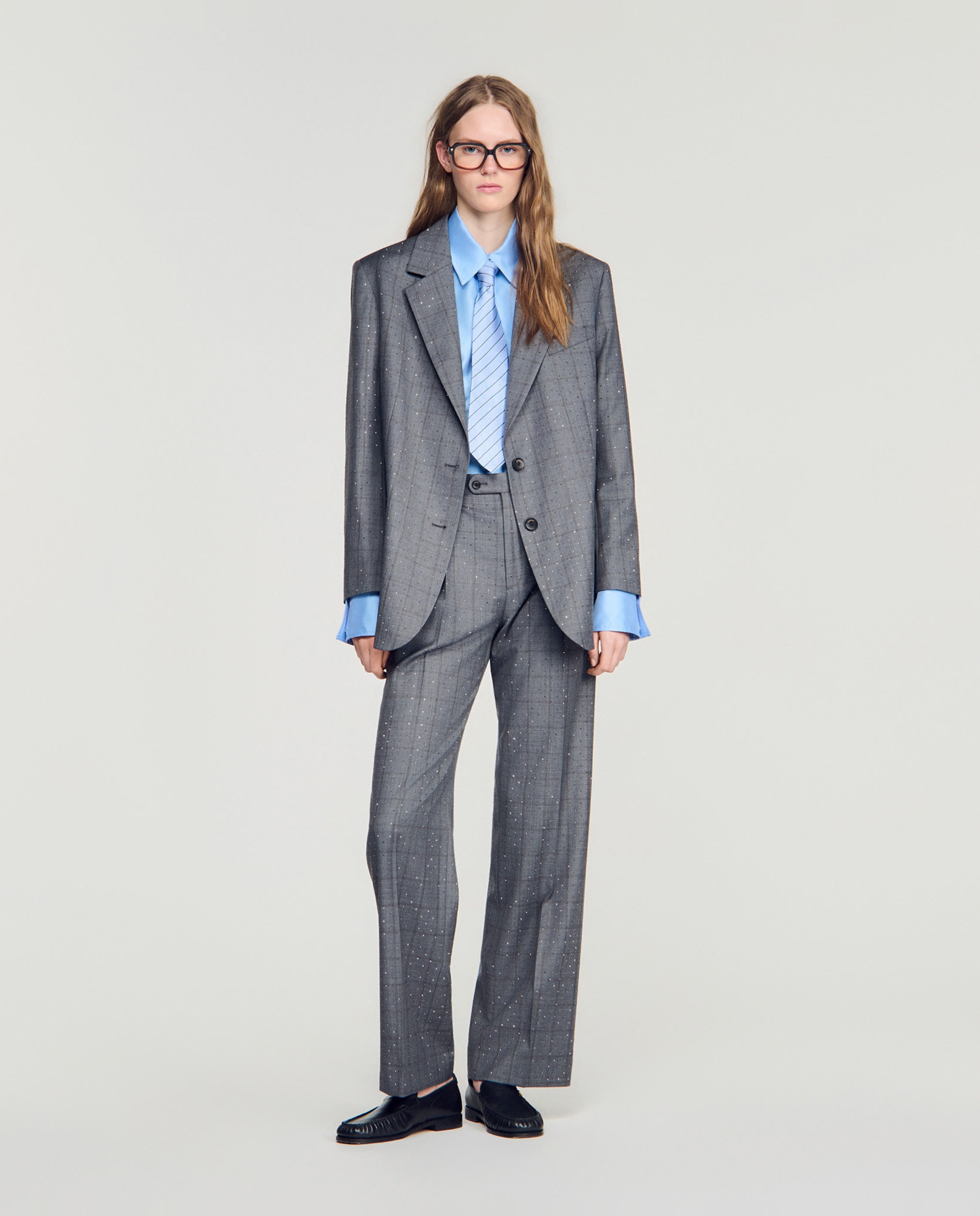 Blazer de mujer estampado cuadros con strass y lana - Sandro - Gris oscuro Gris oscuro-5
