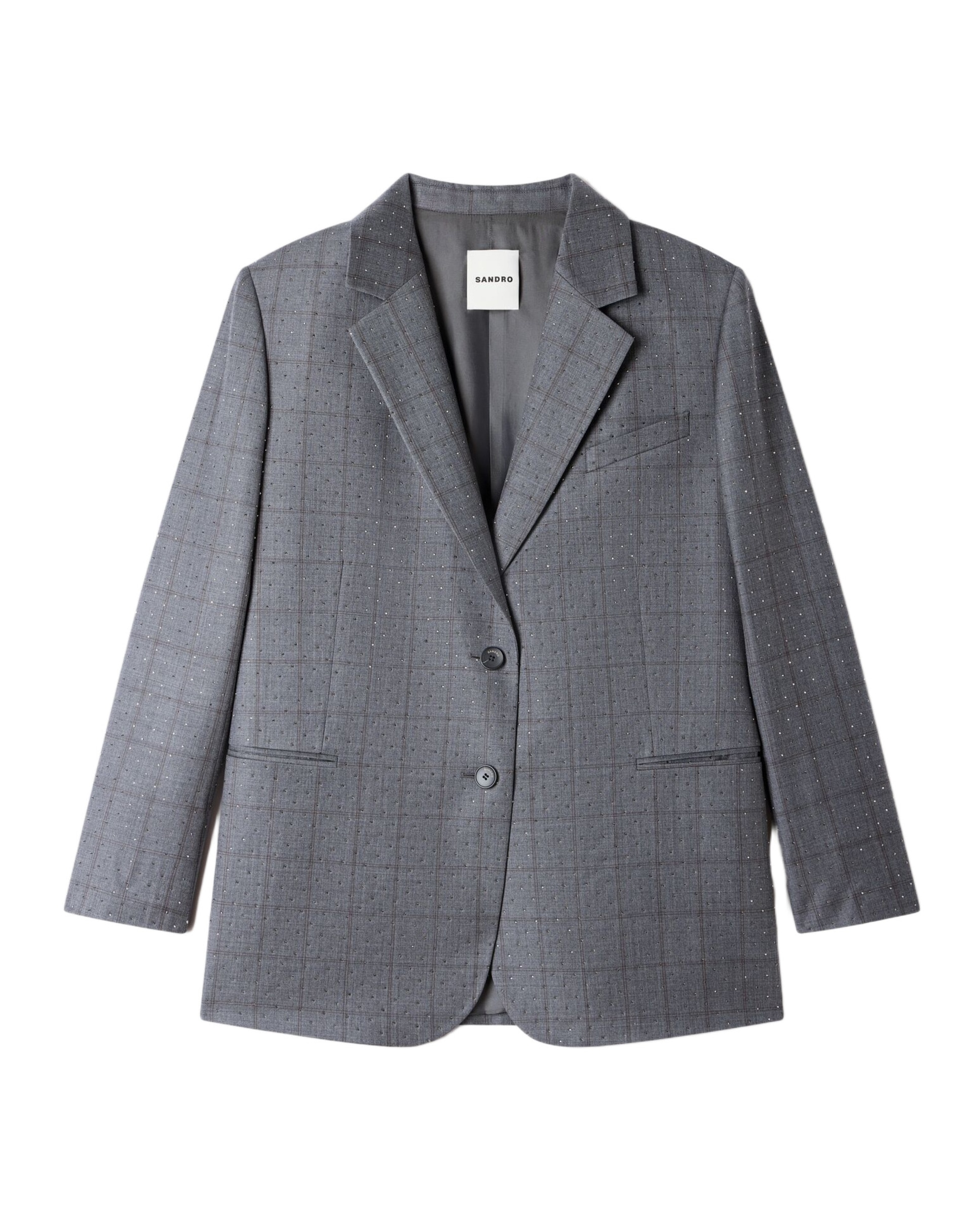 Blazer de mujer estampado cuadros con strass y lana - Sandro - Gris oscuro Gris oscuro-6