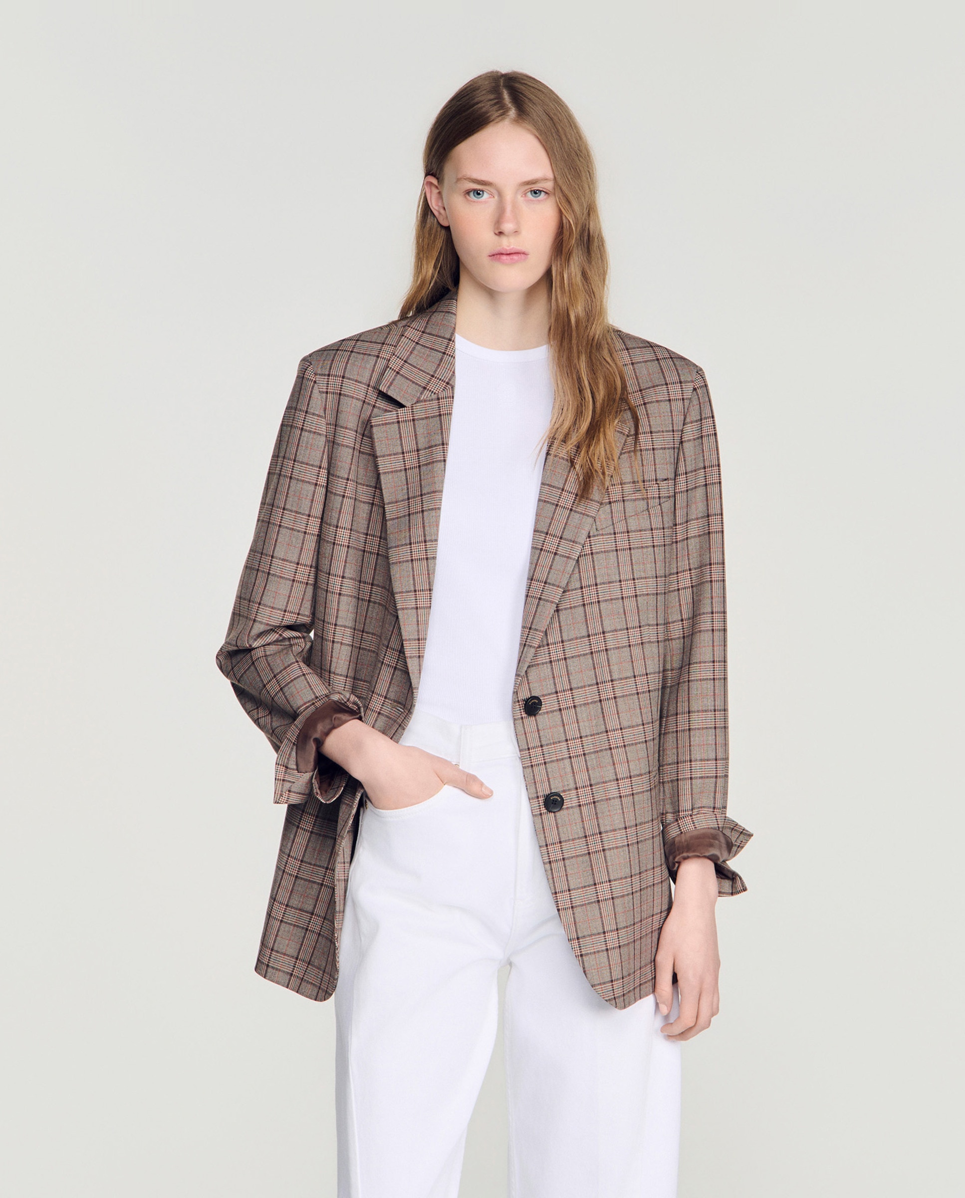 Blazer sastre de mujer de cuadros y corte ancho - Sandro - Marrón Marrón-1