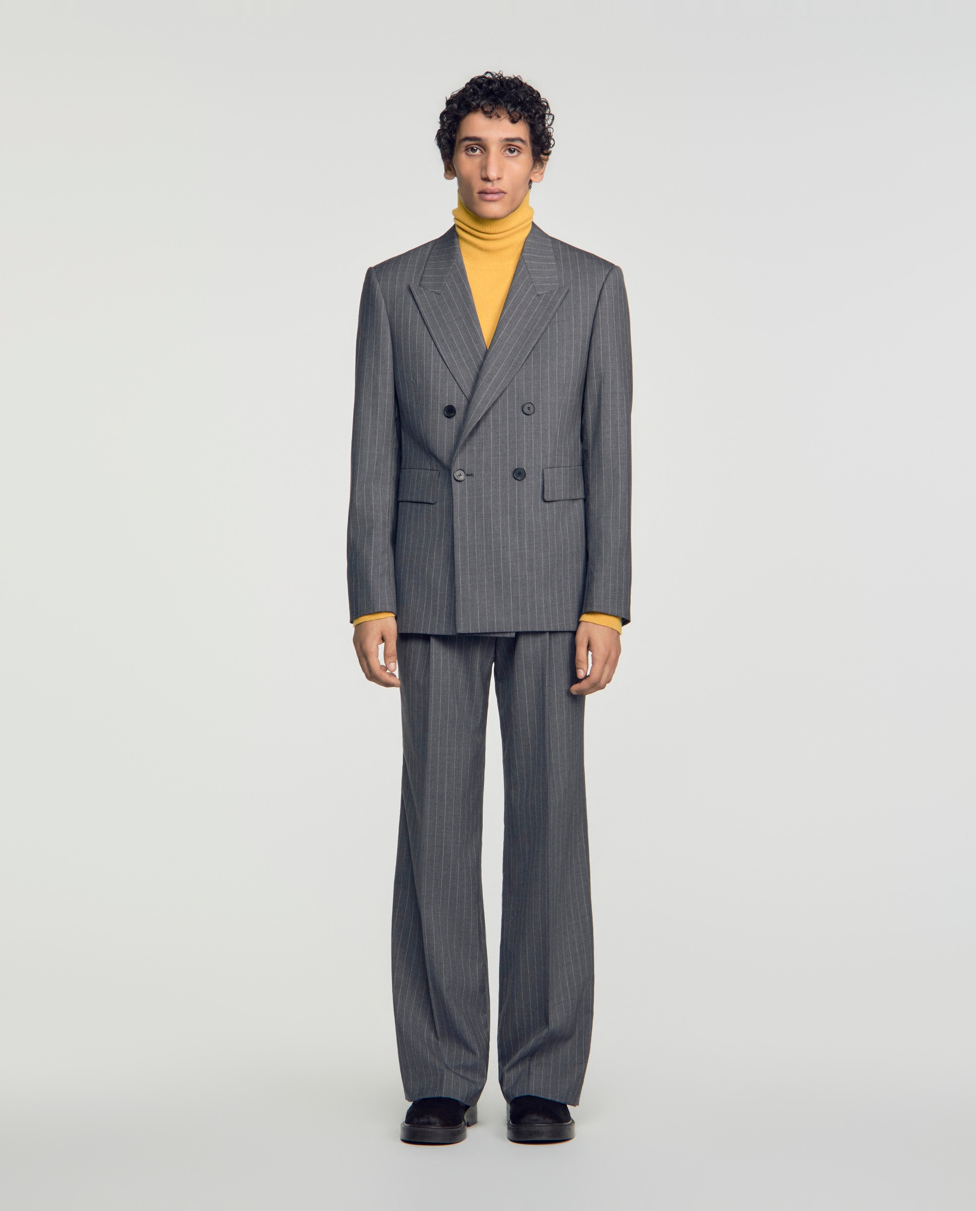 Chaqueta de traje de hombre cruzada de lana virgen a rayas - Sandro - Gris Gris-3