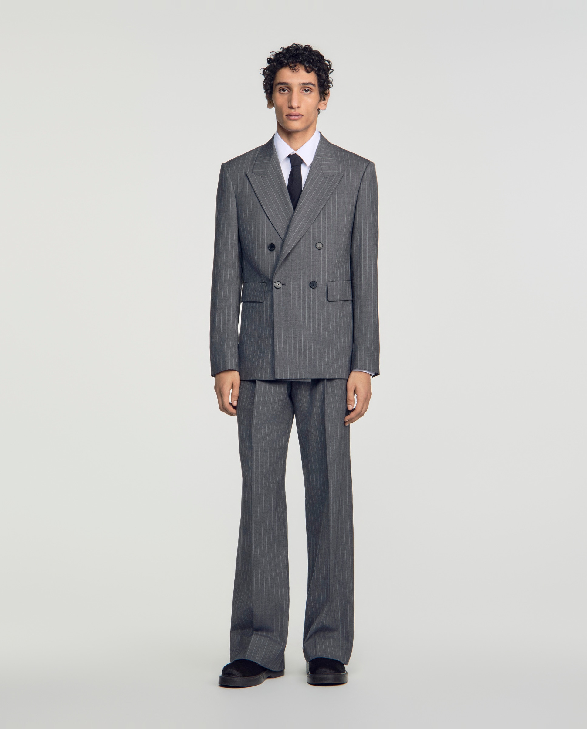 Chaqueta de traje de hombre cruzada de lana virgen a rayas - Sandro - Gris Gris-5