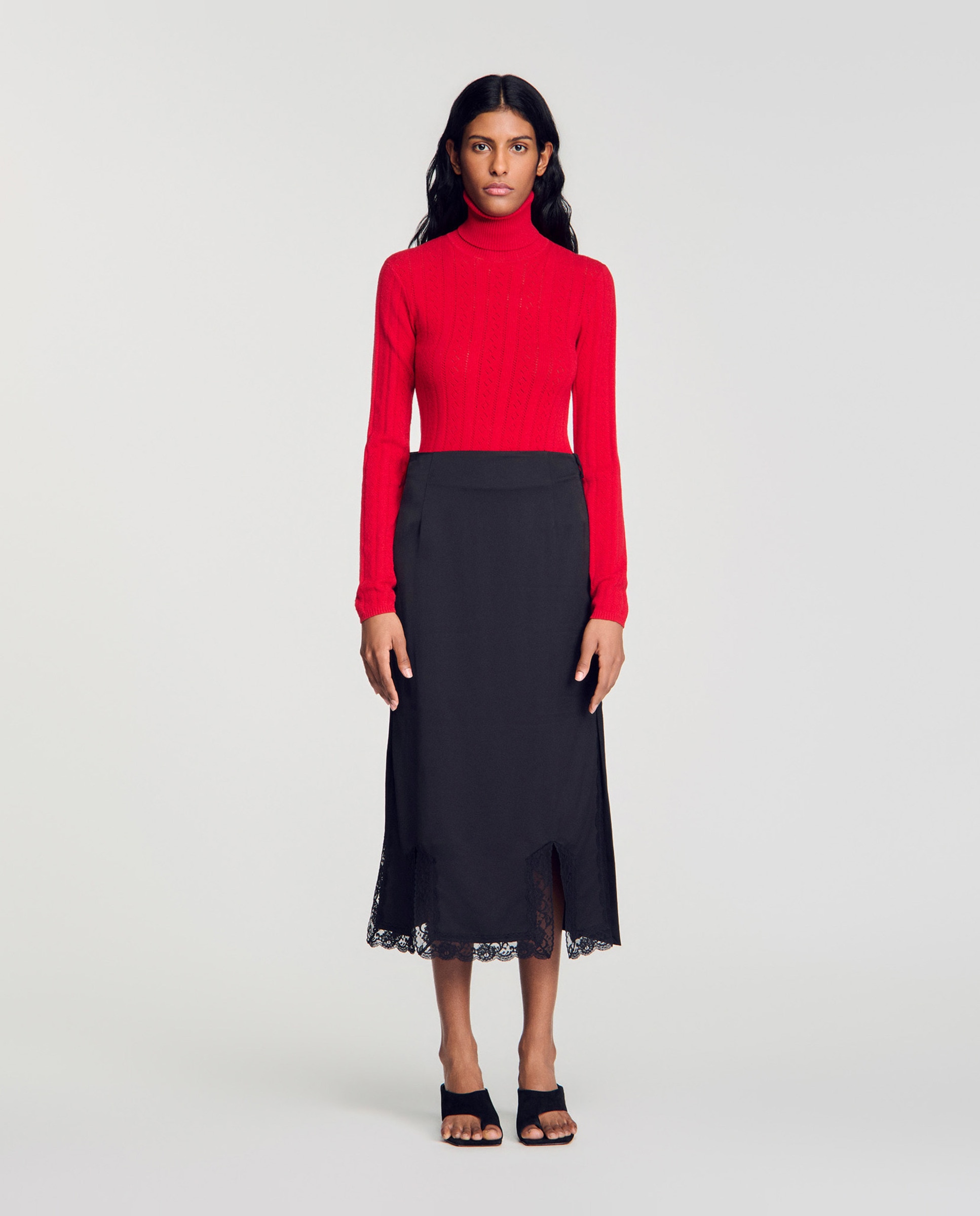Falda midi con seda y encaje - Sandro - Negro Negro-1