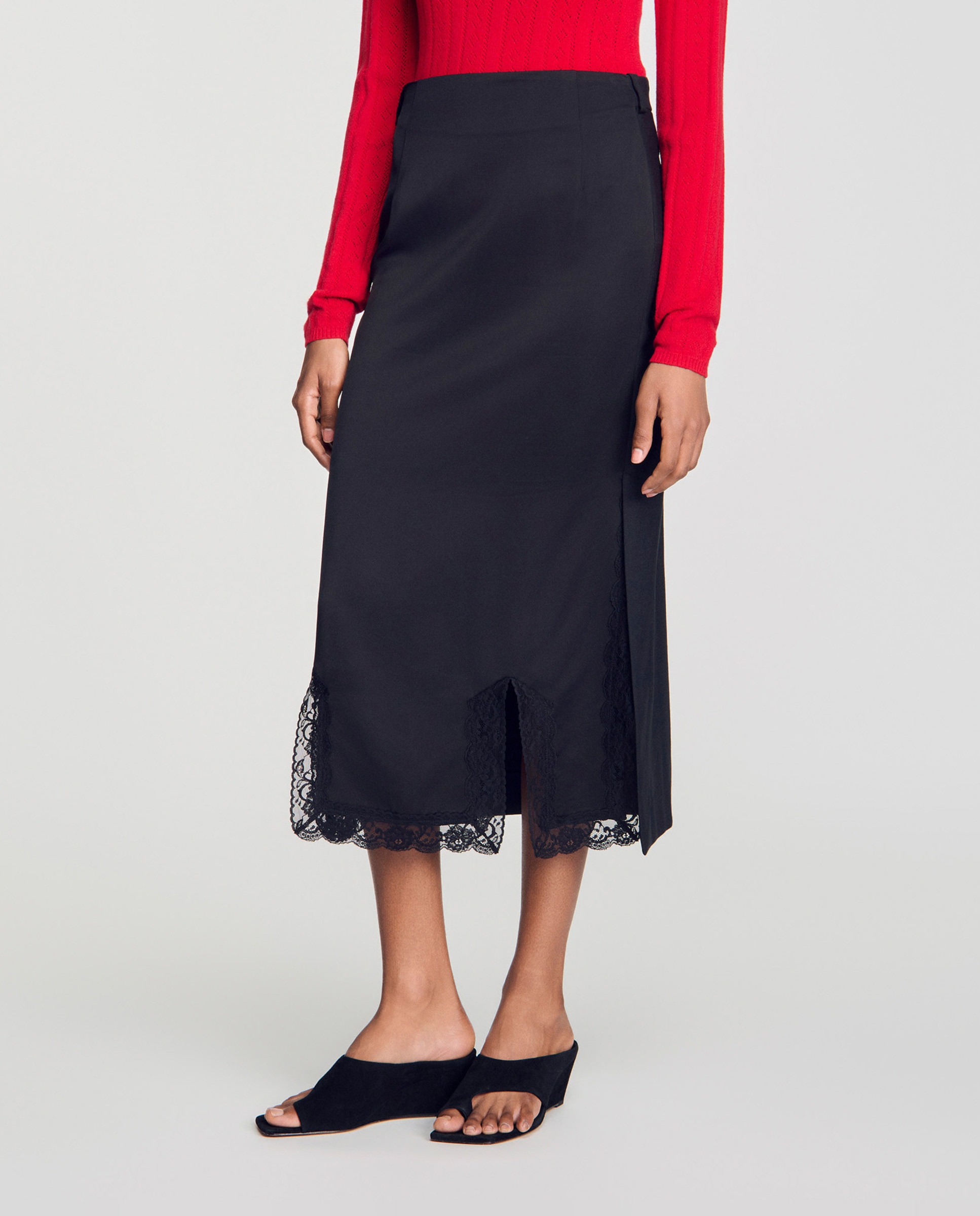 Falda midi con seda y encaje - Sandro - Negro Negro-2