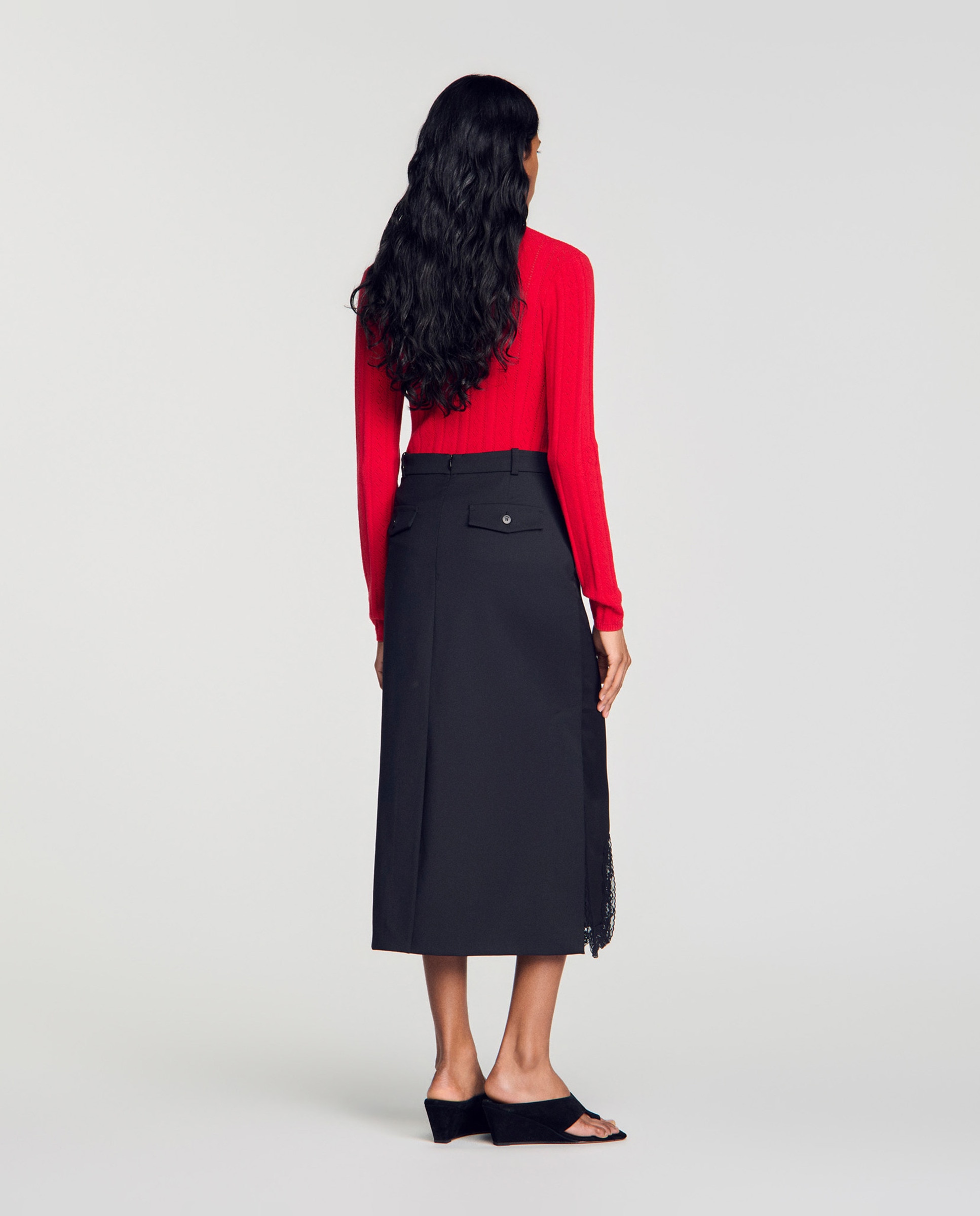 Falda midi con seda y encaje - Sandro - Negro Negro-3