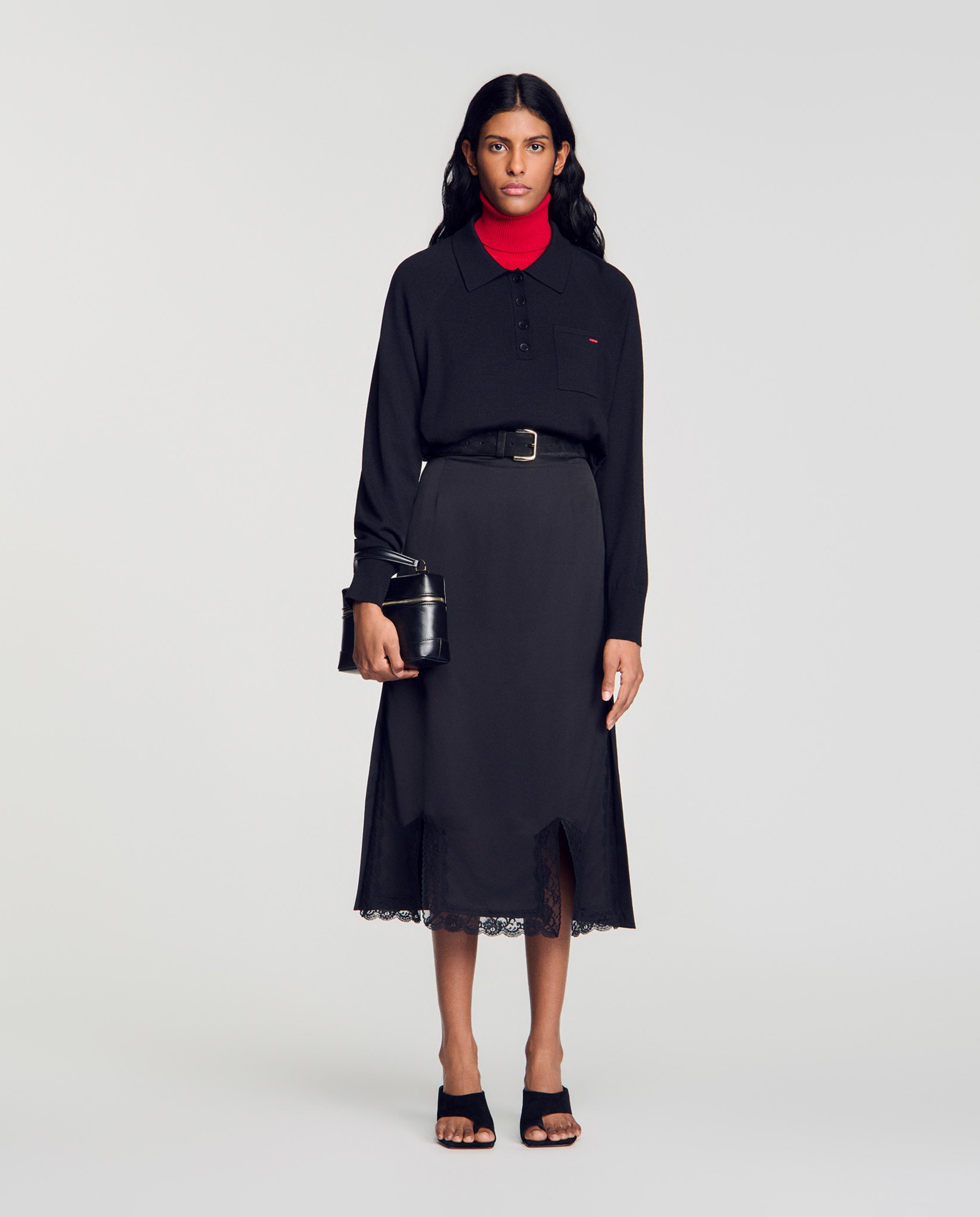 Falda midi con seda y encaje - Sandro - Negro Negro-4