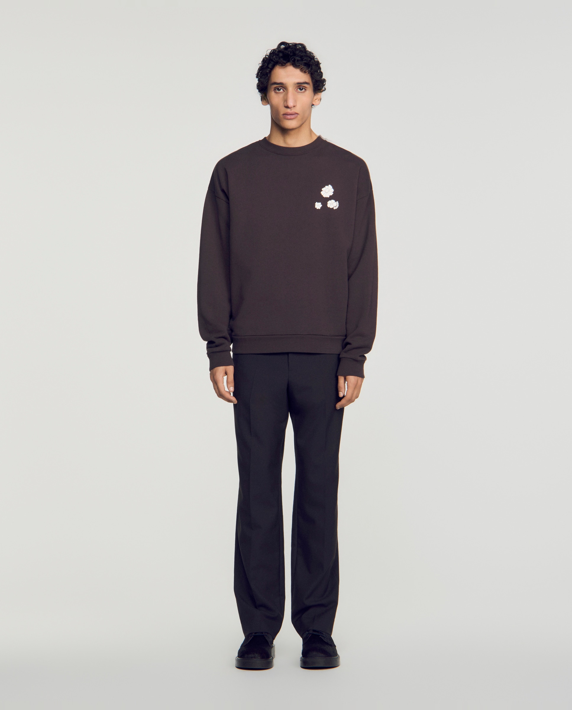 Sudadera sin capucha de hombre oversize con flor flocada - Sandro - Marrón oscuro Marrón oscuro-3