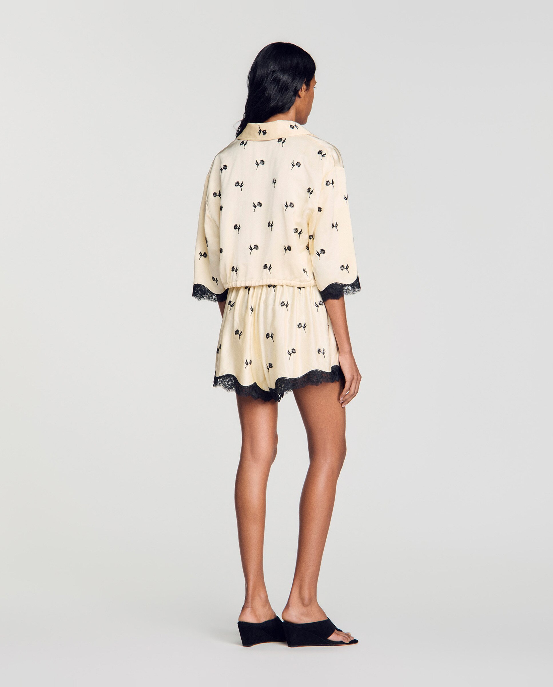 Camisa de mujer corta con bordado floral y cordón ajustable - Sandro - Beige Beige-2