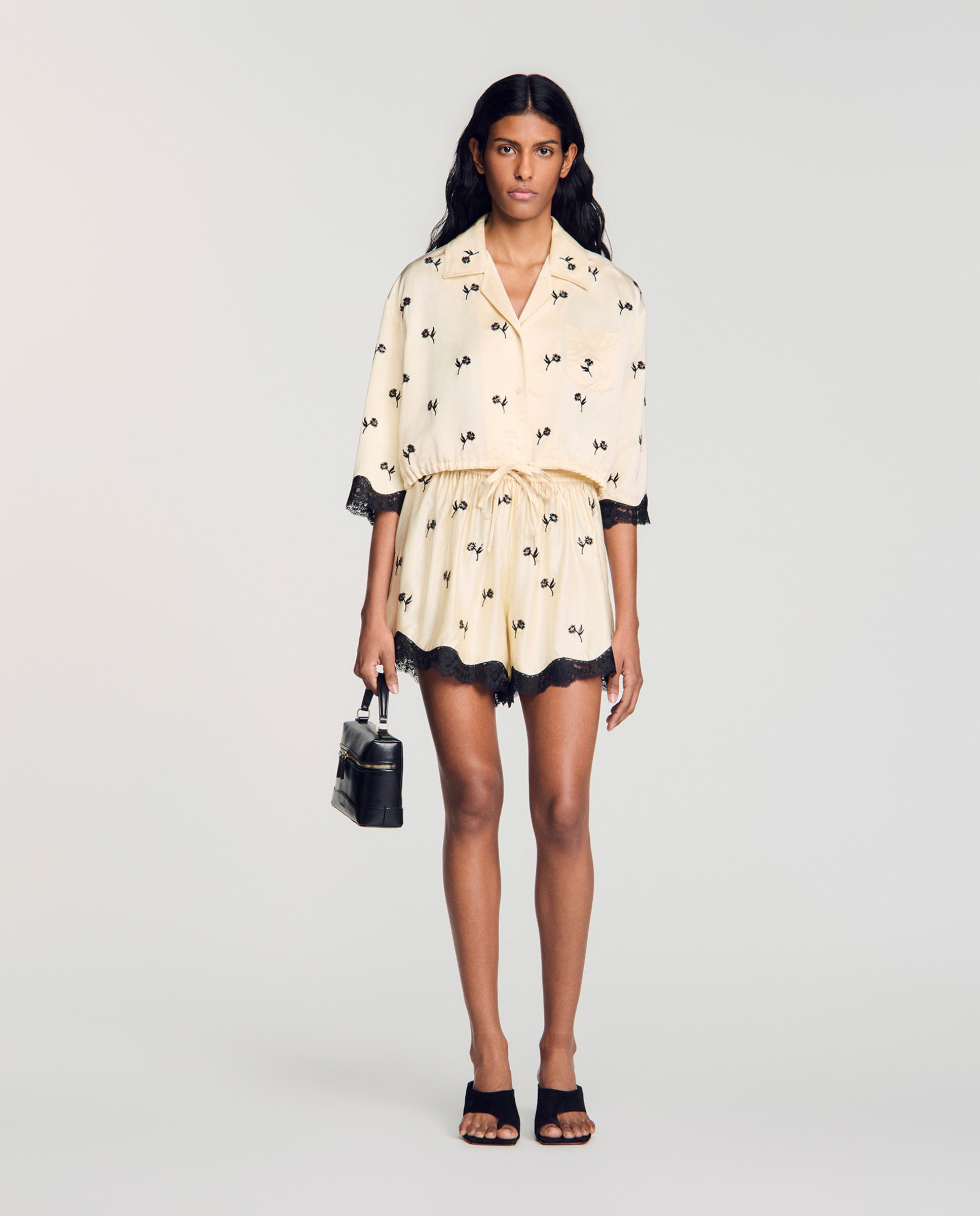 Camisa de mujer corta con bordado floral y cordón ajustable - Sandro - Beige Beige-5
