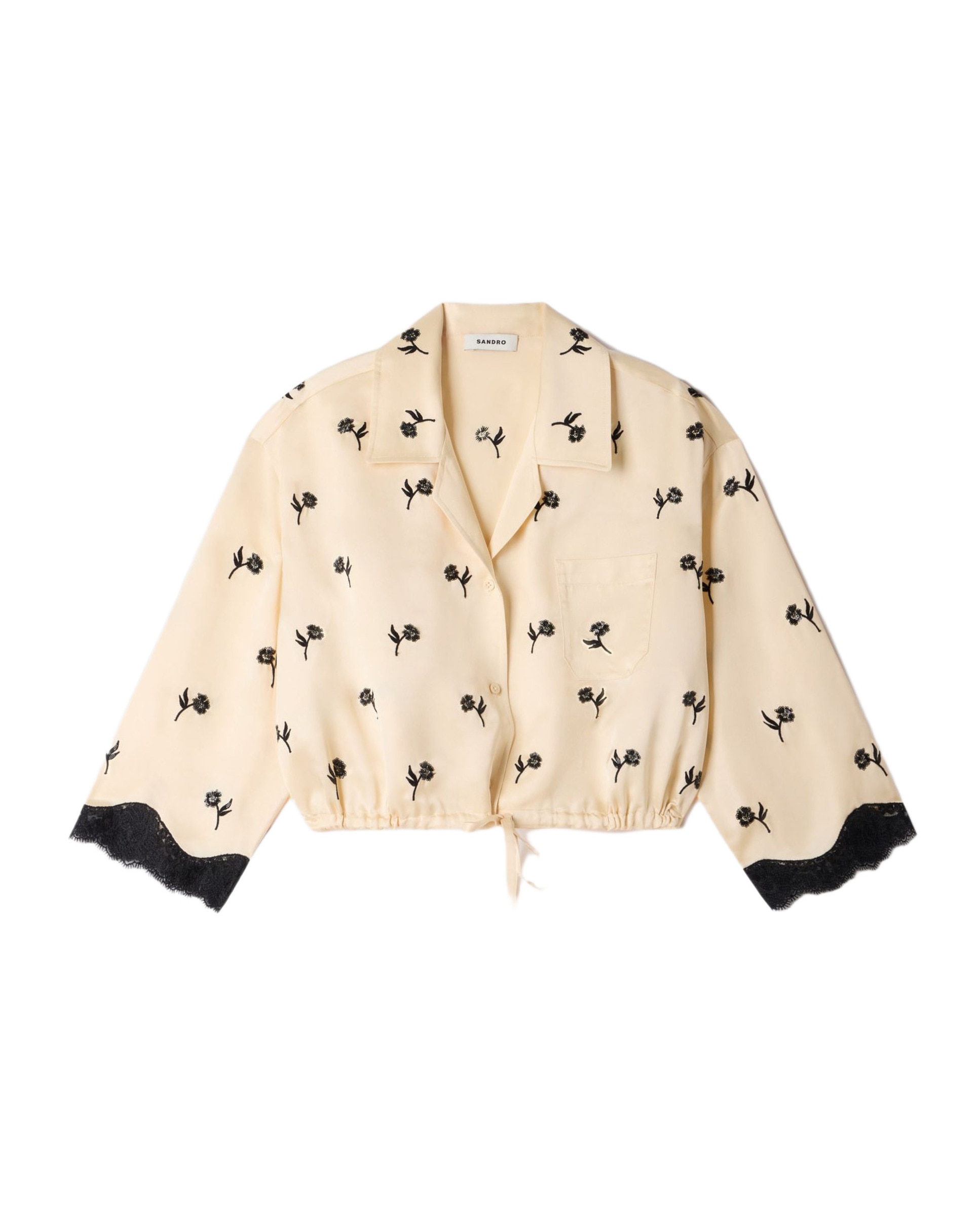 Camisa de mujer corta con bordado floral y cordón ajustable - Sandro - Beige Beige-6