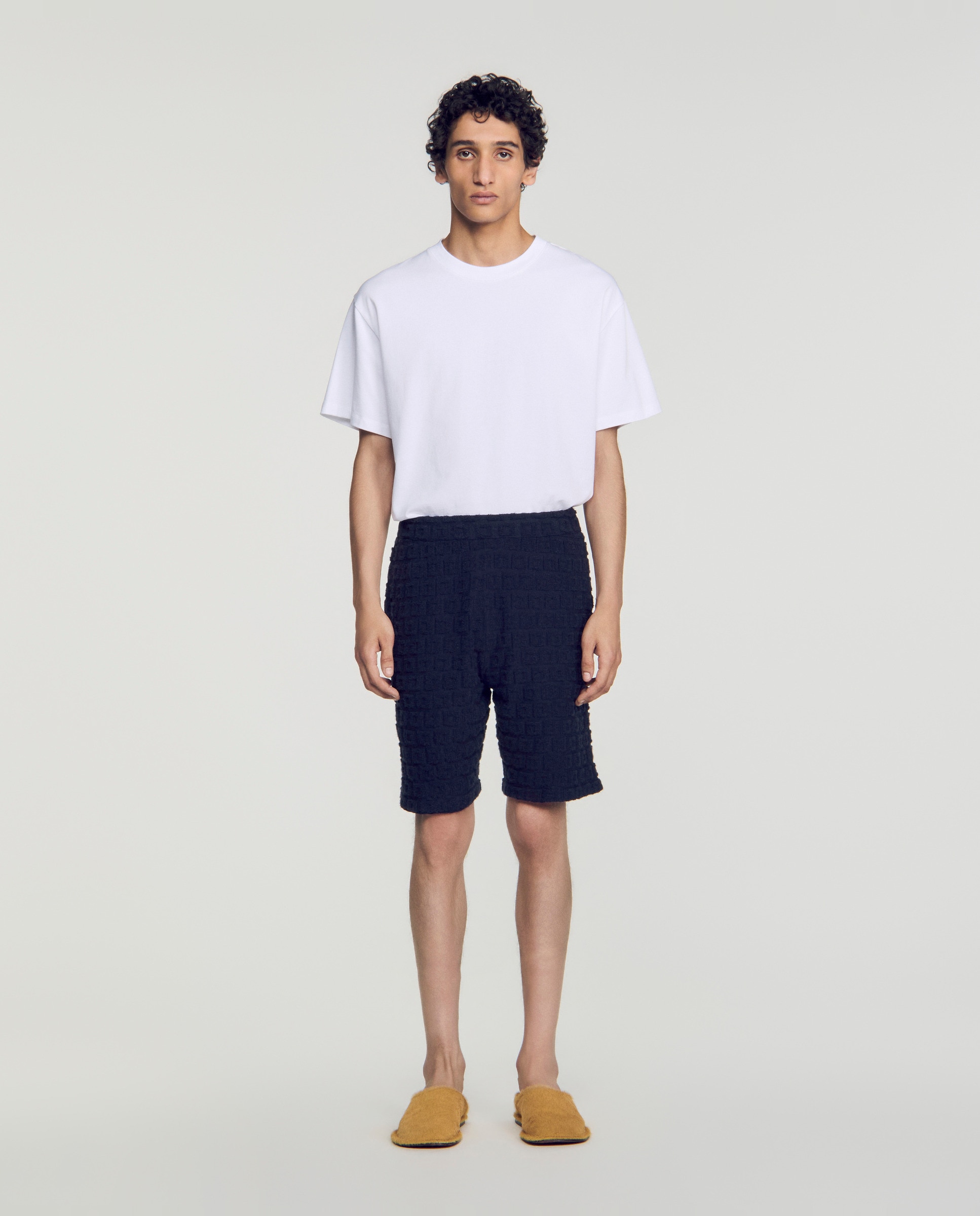Imagen 0 de Pantalones cortos de lino de hombre de punto de rizo corte clásico Azul marino
