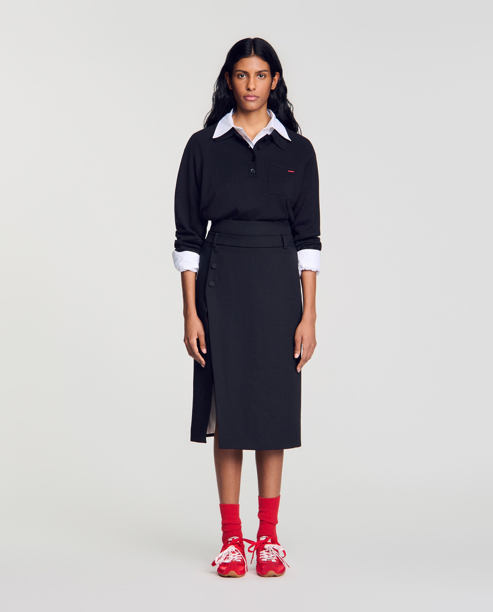 Falda midi de lana y corte recto con abertura cruzada - Sandro - Negro Negro-1