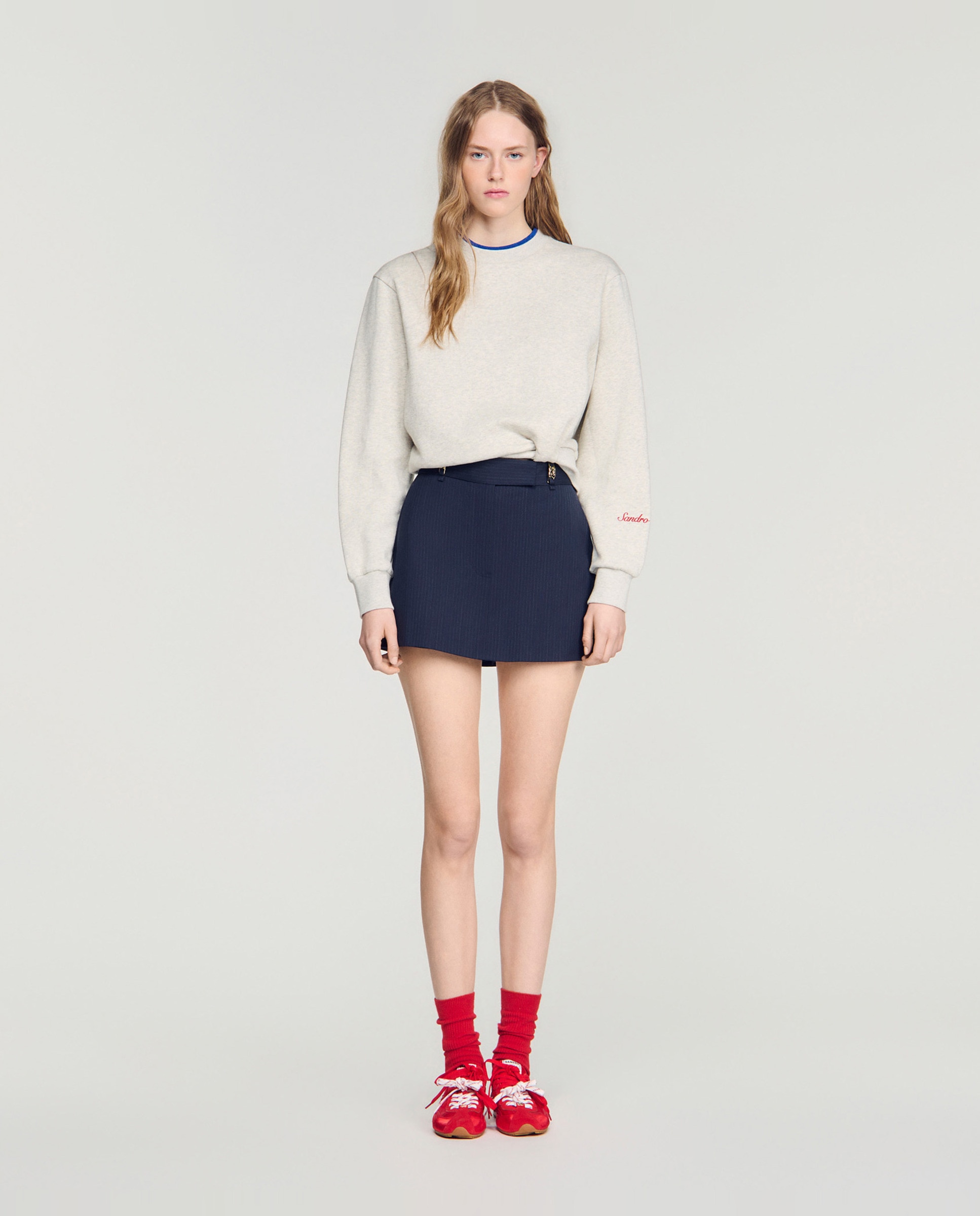 Falda pantalón corta de raya diplomática y corte evasé con lana - Sandro - Azul marino Azul marino-1