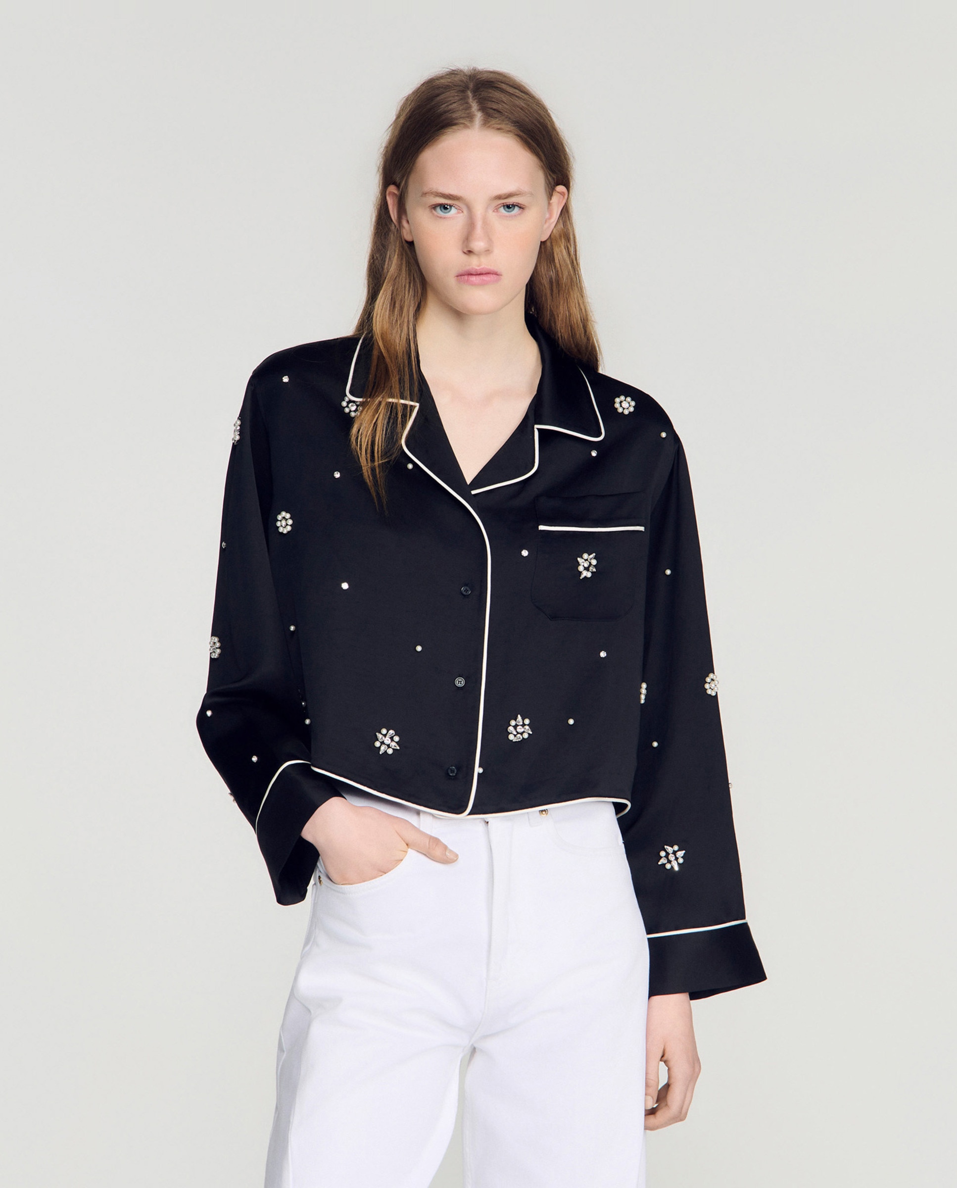 Camisa de mujer de estilo pijama bordada con perlas y strass - Sandro - Negro Negro-1