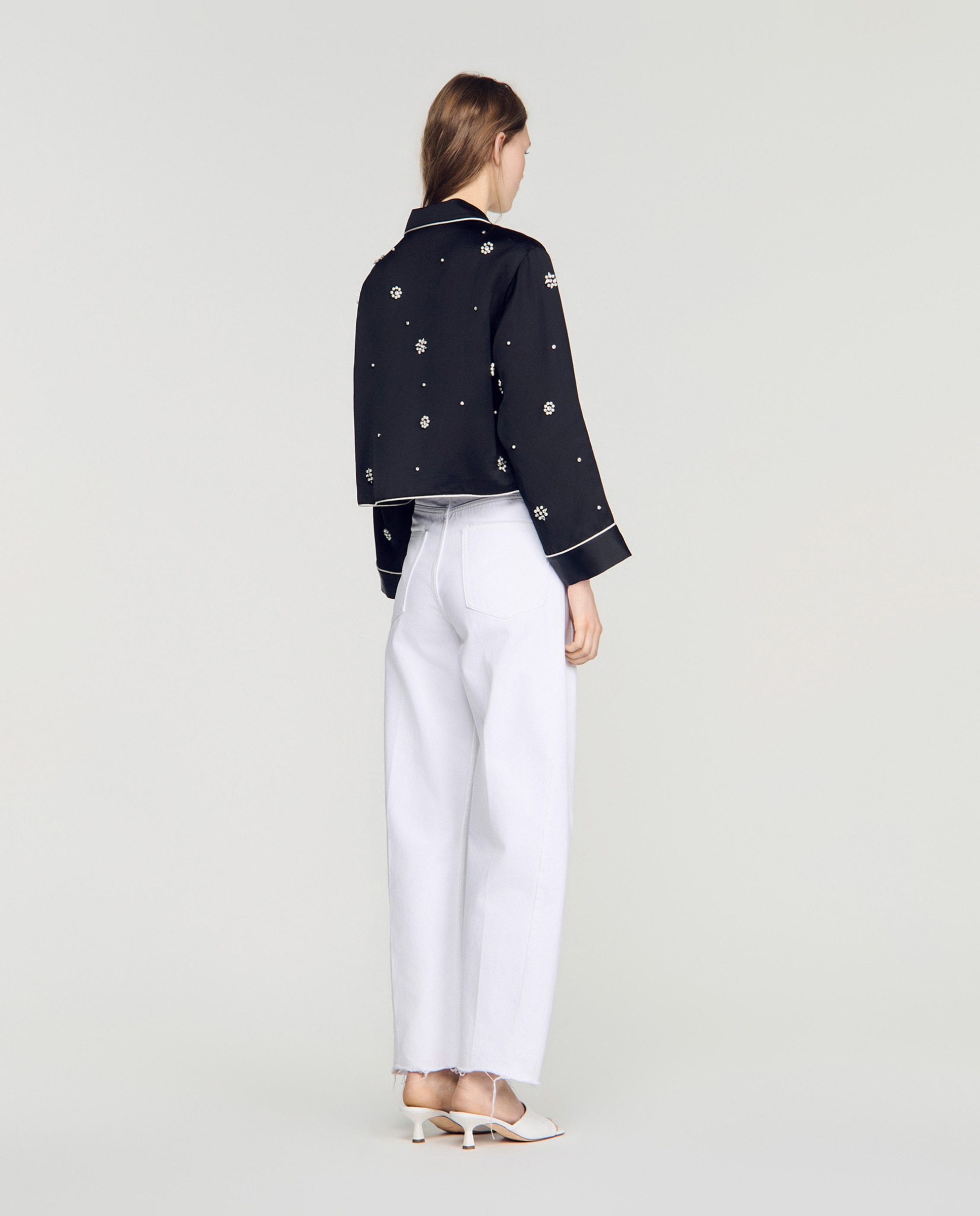 Camisa de mujer de estilo pijama bordada con perlas y strass - Sandro - Negro Negro-2
