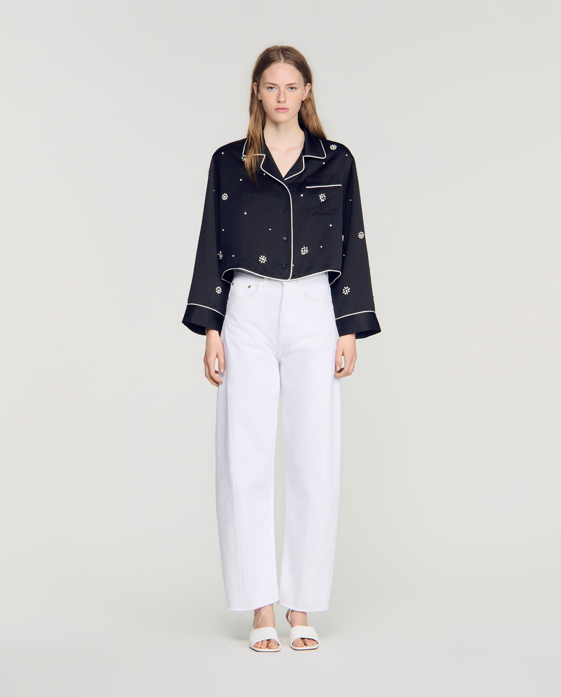 Camisa de mujer de estilo pijama bordada con perlas y strass - Sandro - Negro Negro-3