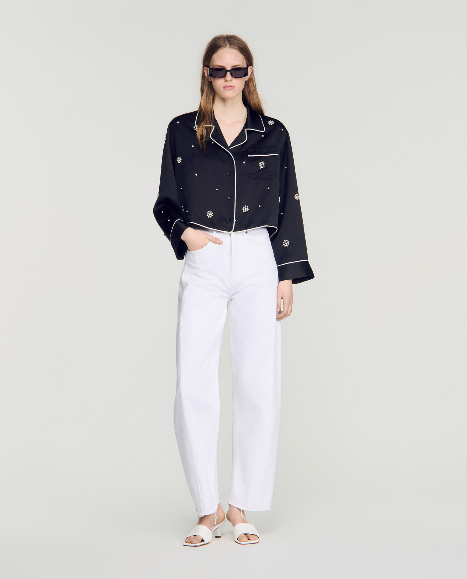 Camisa de mujer de estilo pijama bordada con perlas y strass - Sandro - Negro Negro-4