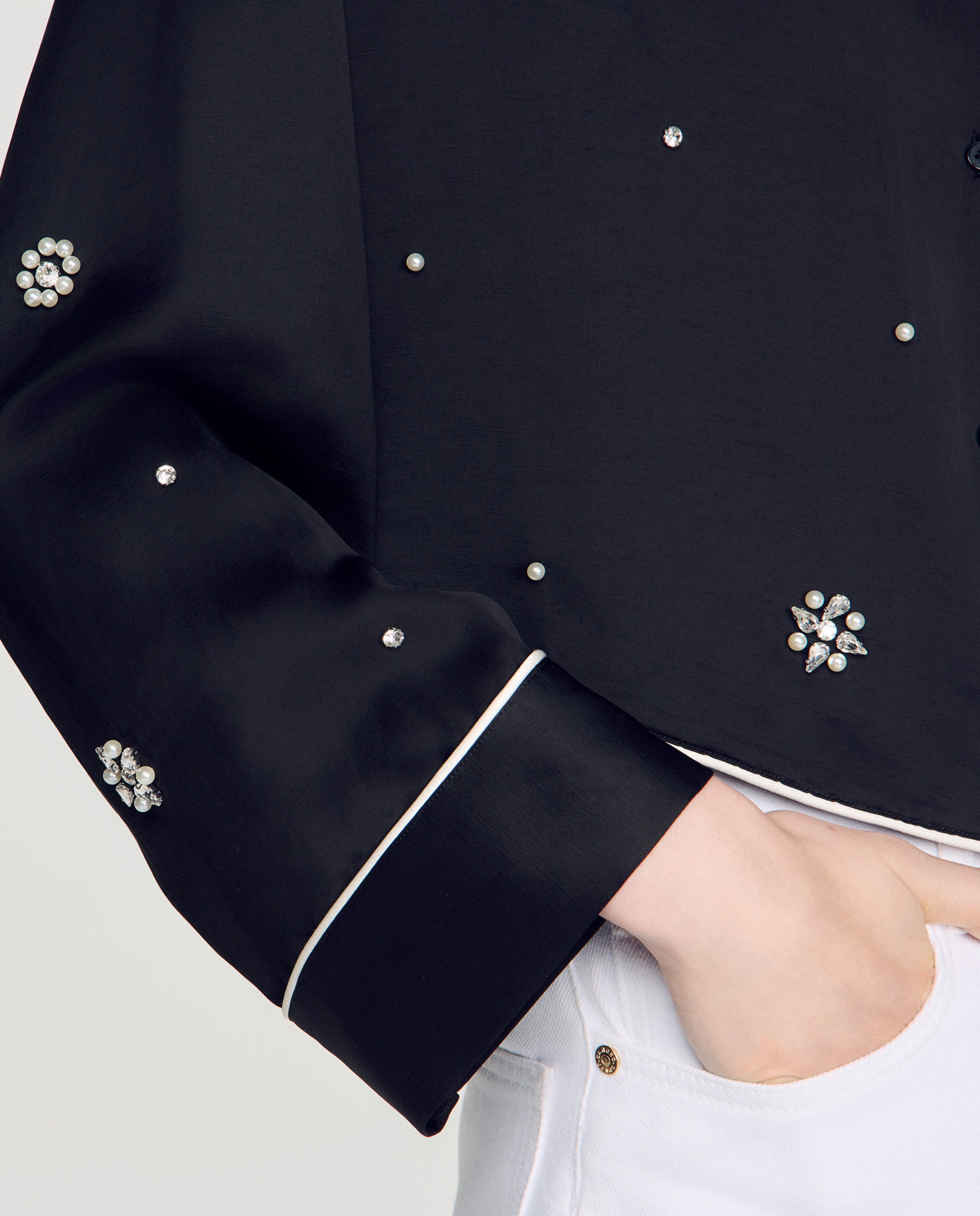 Camisa de mujer de estilo pijama bordada con perlas y strass - Sandro - Negro Negro-5