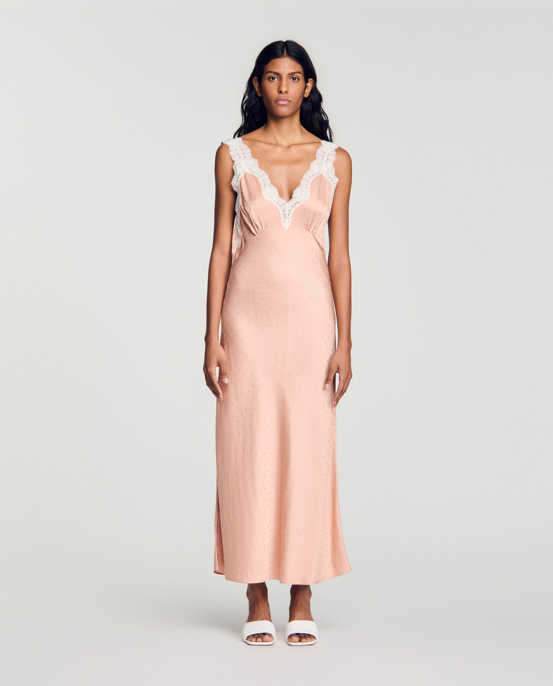 Vestido midi lencero con encaje y strass - Sandro - Natural Natural-1