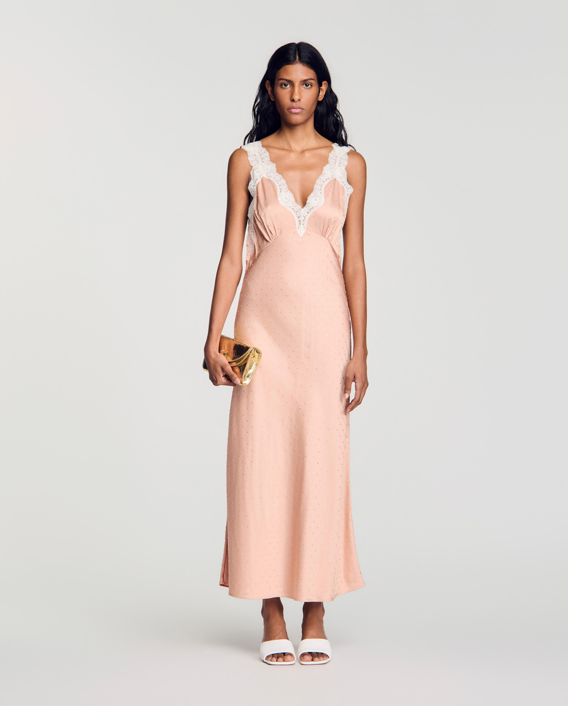 Vestido midi lencero con encaje y strass - Sandro - Natural Natural-4