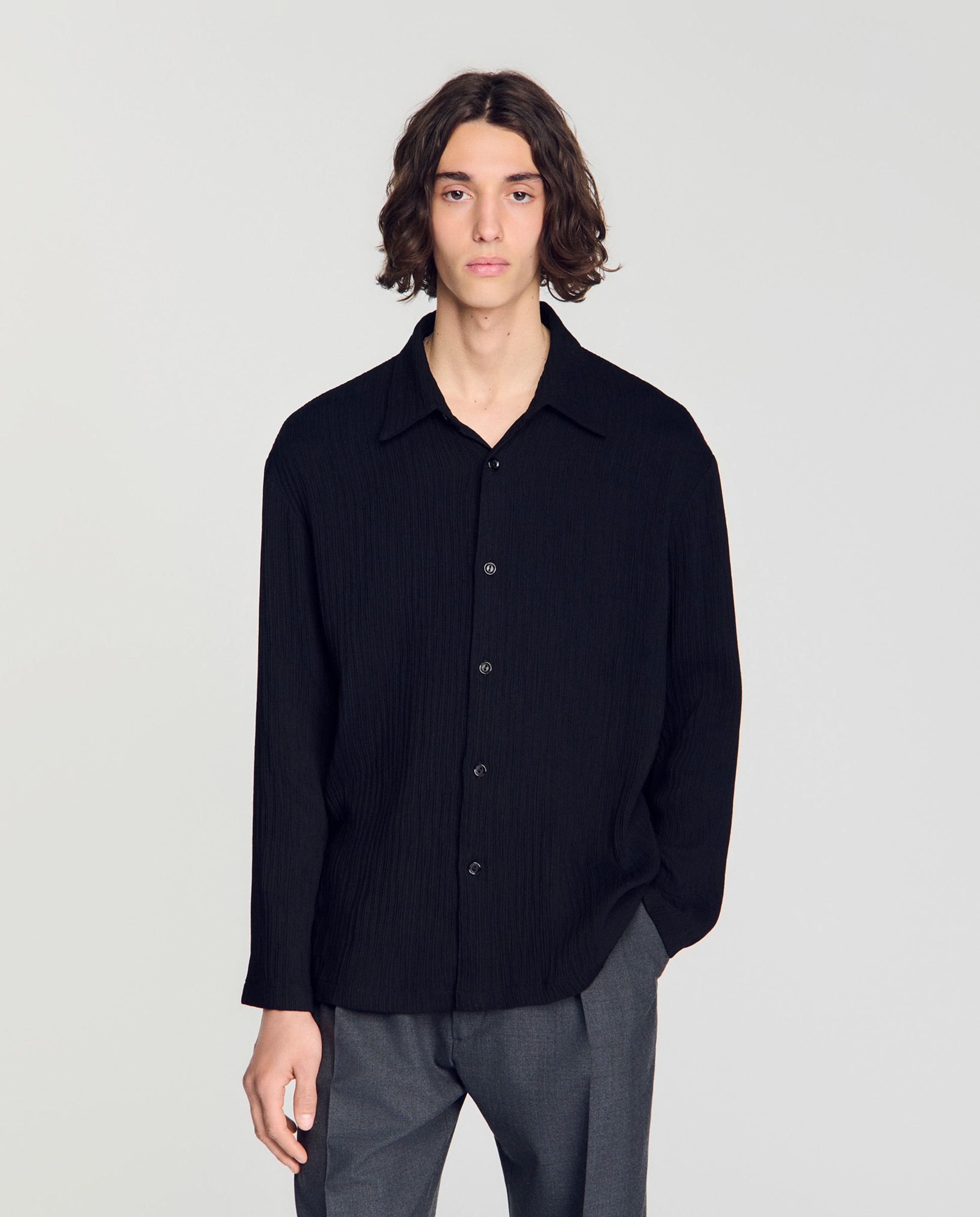 Imagen 0 de Camisa de lino de hombre fluida efecto arrugado Negro