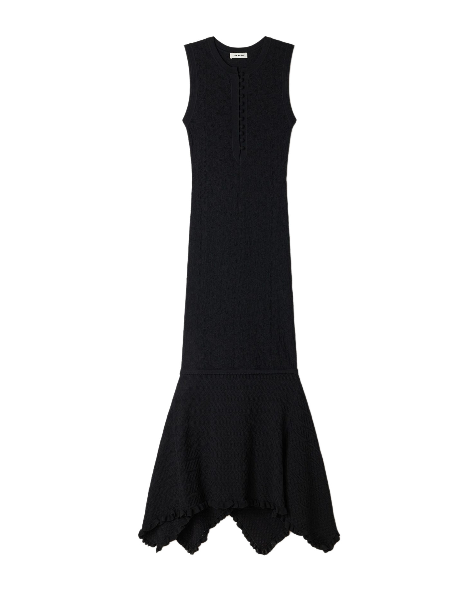 Vestido midi de punto pointelle sin mangas con falda asimétrica y volantes - Sandro - Negro Negro-7