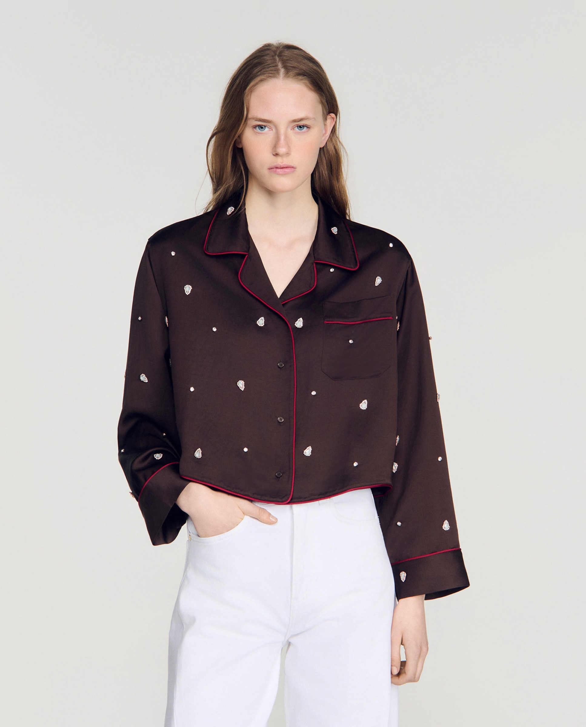 Camisa de mujer de estilo pijama bordada con perlas y strass - Sandro - Marrón Marrón-1