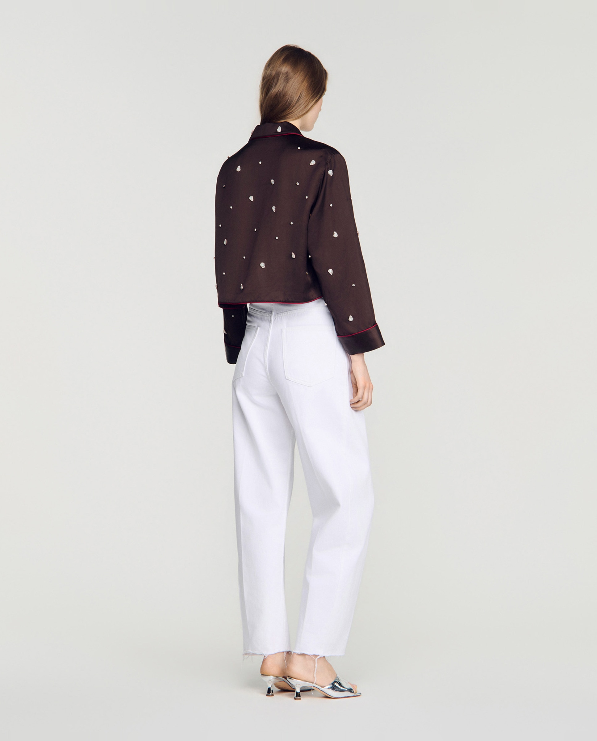 Camisa de mujer de estilo pijama bordada con perlas y strass - Sandro - Marrón Marrón-2