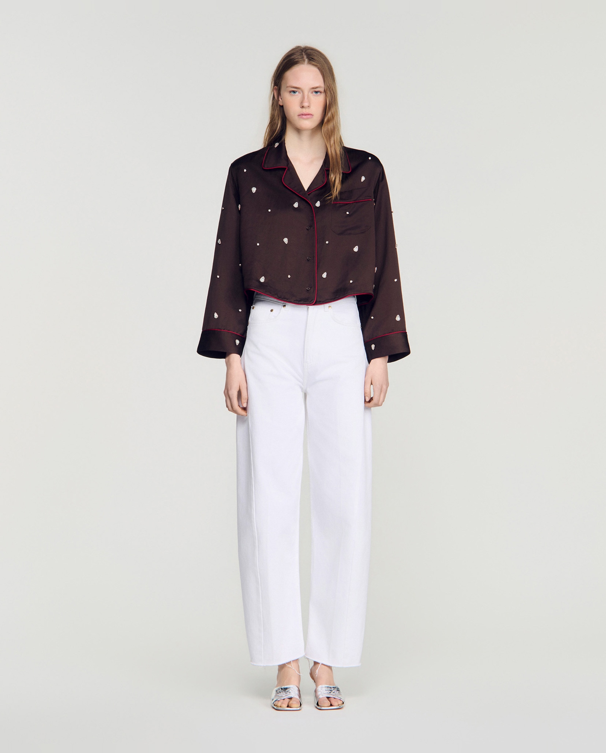 Camisa de mujer de estilo pijama bordada con perlas y strass - Sandro - Marrón Marrón-3