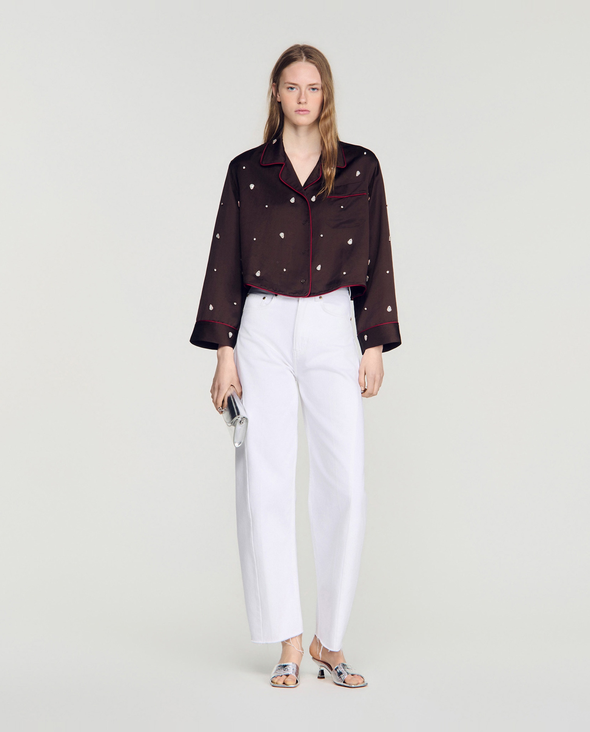 Camisa de mujer de estilo pijama bordada con perlas y strass - Sandro - Marrón Marrón-5