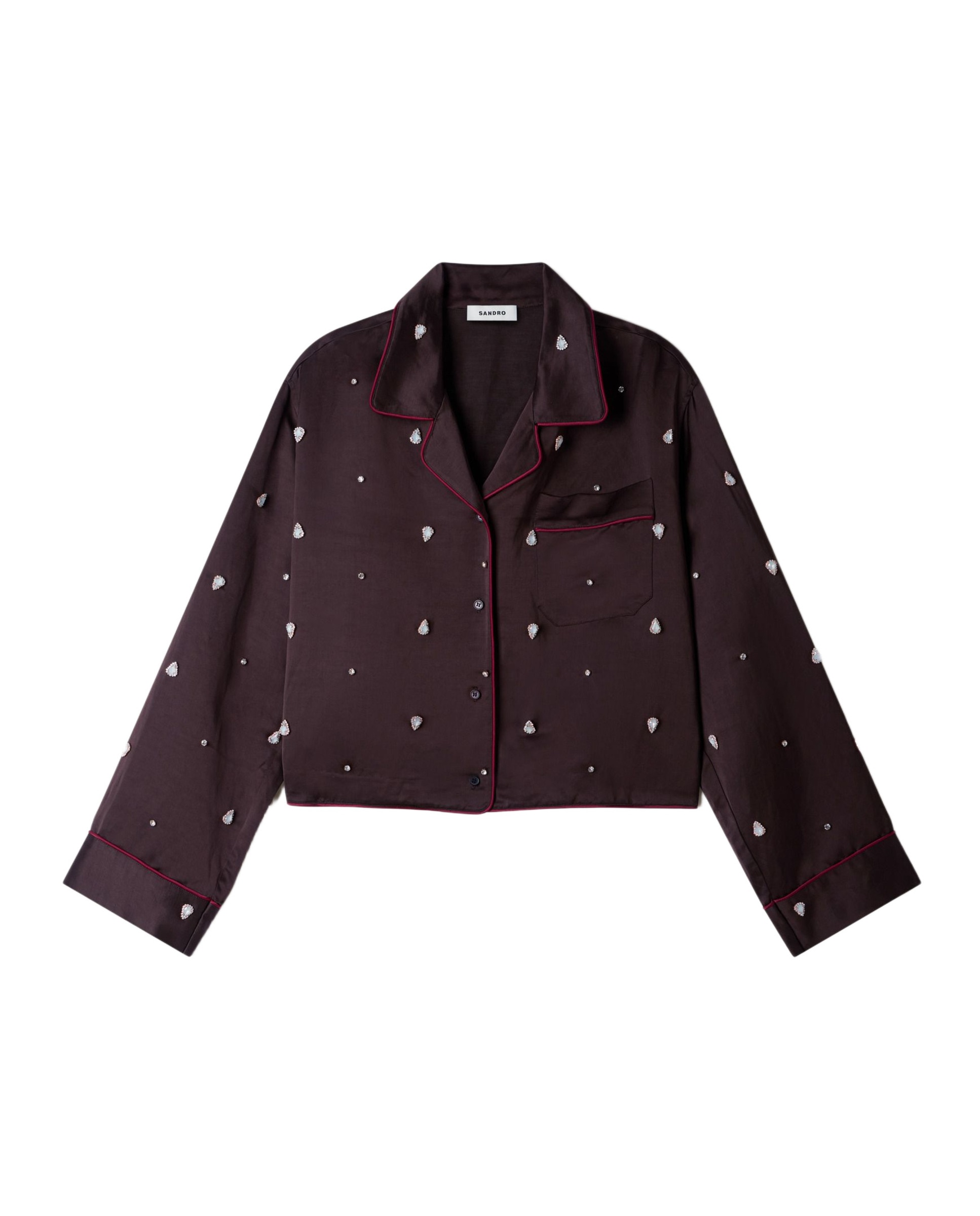Camisa de mujer de estilo pijama bordada con perlas y strass - Sandro - Marrón Marrón-6
