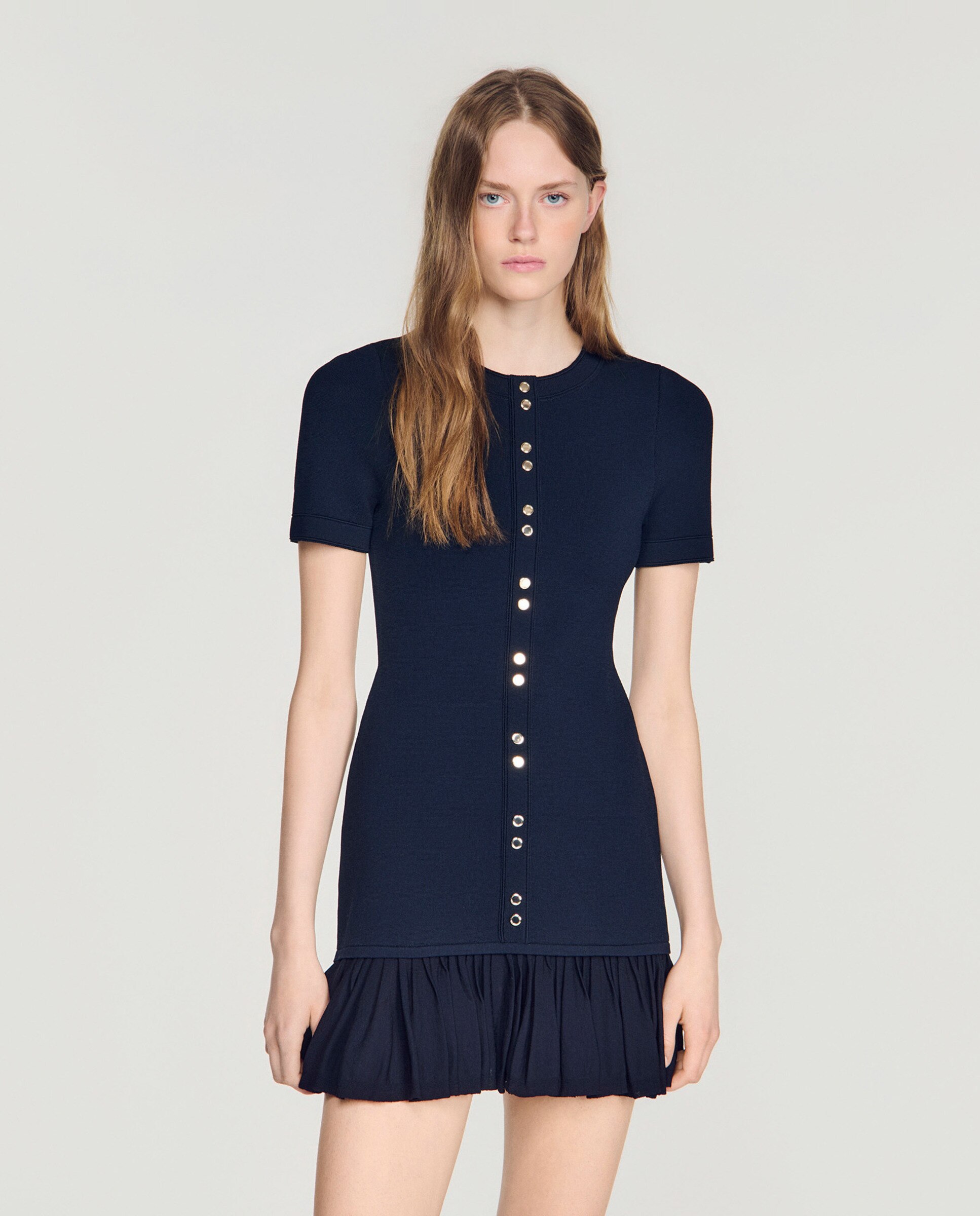Vestido corto de punto entallado con volantes - Sandro - Azul marino Azul marino-3
