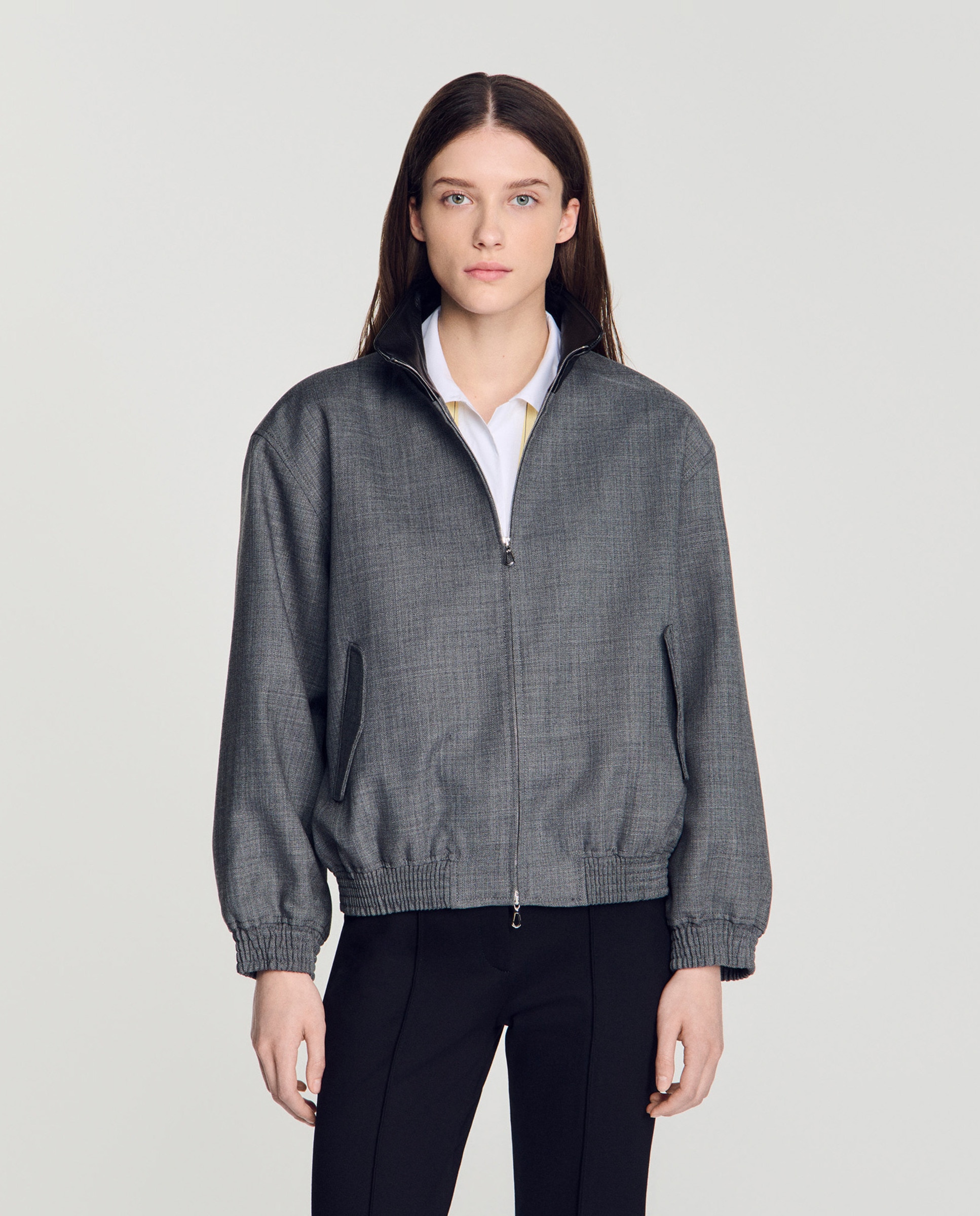 Cazadora de mujer oversize cuello alto de cuero 100% lana - Sandro - Gris Gris-1