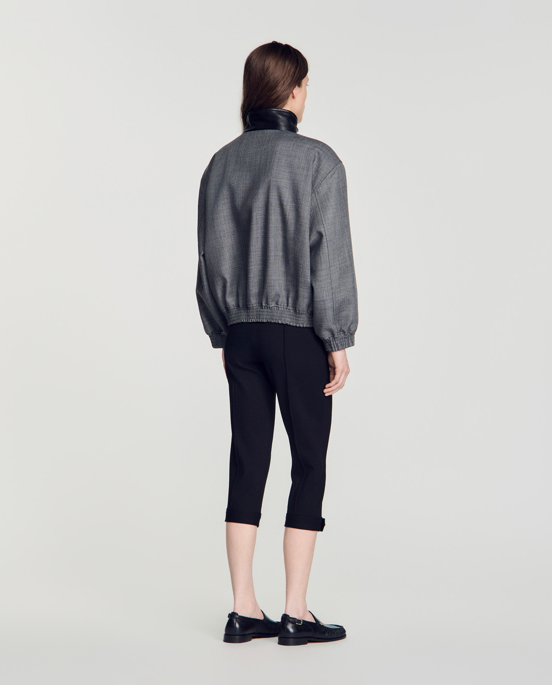 Cazadora de mujer oversize cuello alto de cuero 100% lana - Sandro - Gris Gris-2