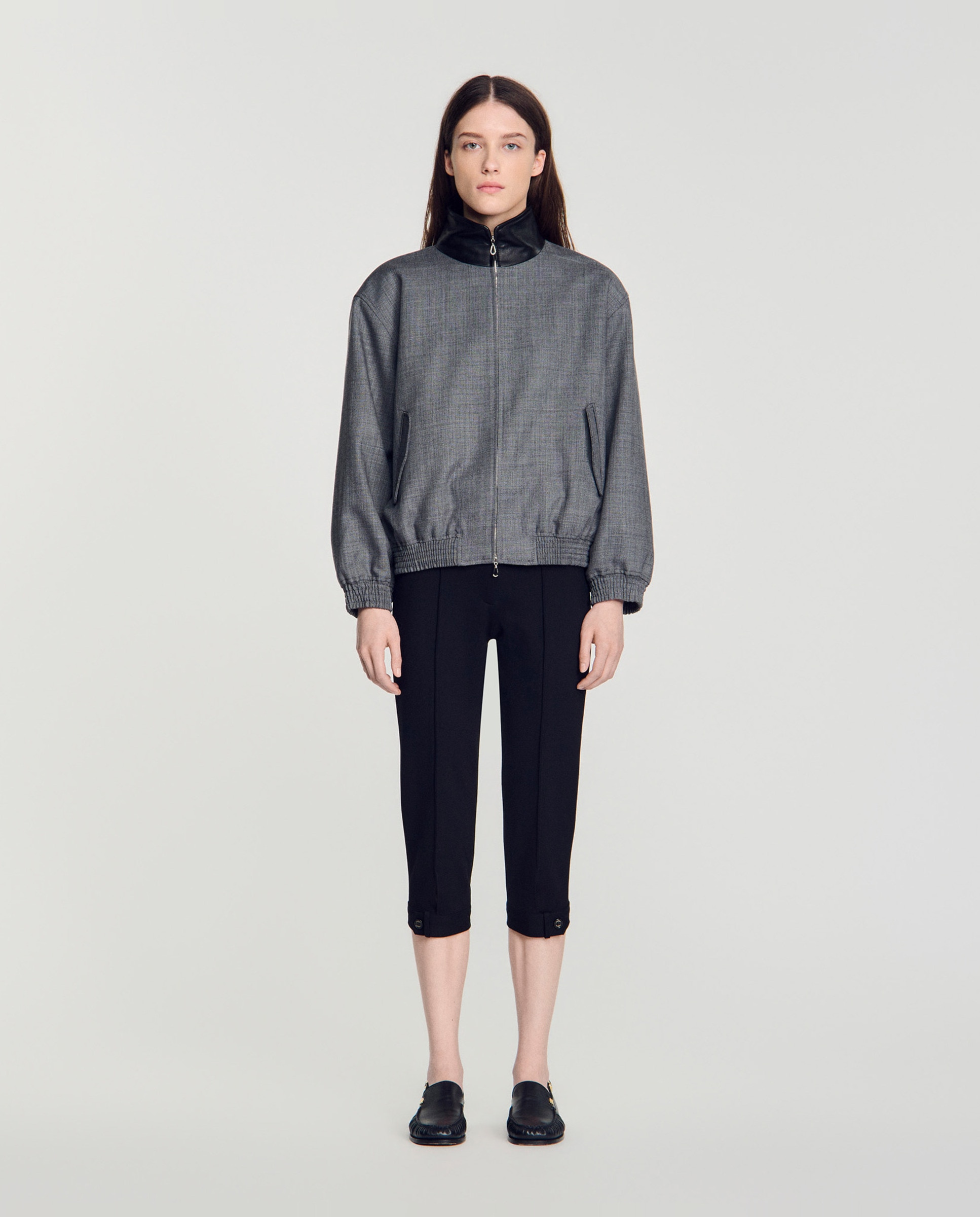 Cazadora de mujer oversize cuello alto de cuero 100% lana - Sandro - Gris Gris-3