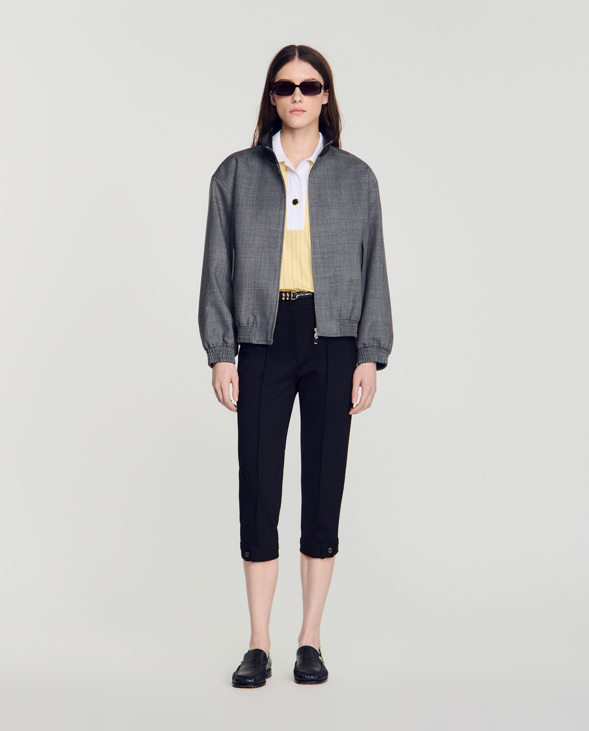 Cazadora de mujer oversize cuello alto de cuero 100% lana - Sandro - Gris Gris-5