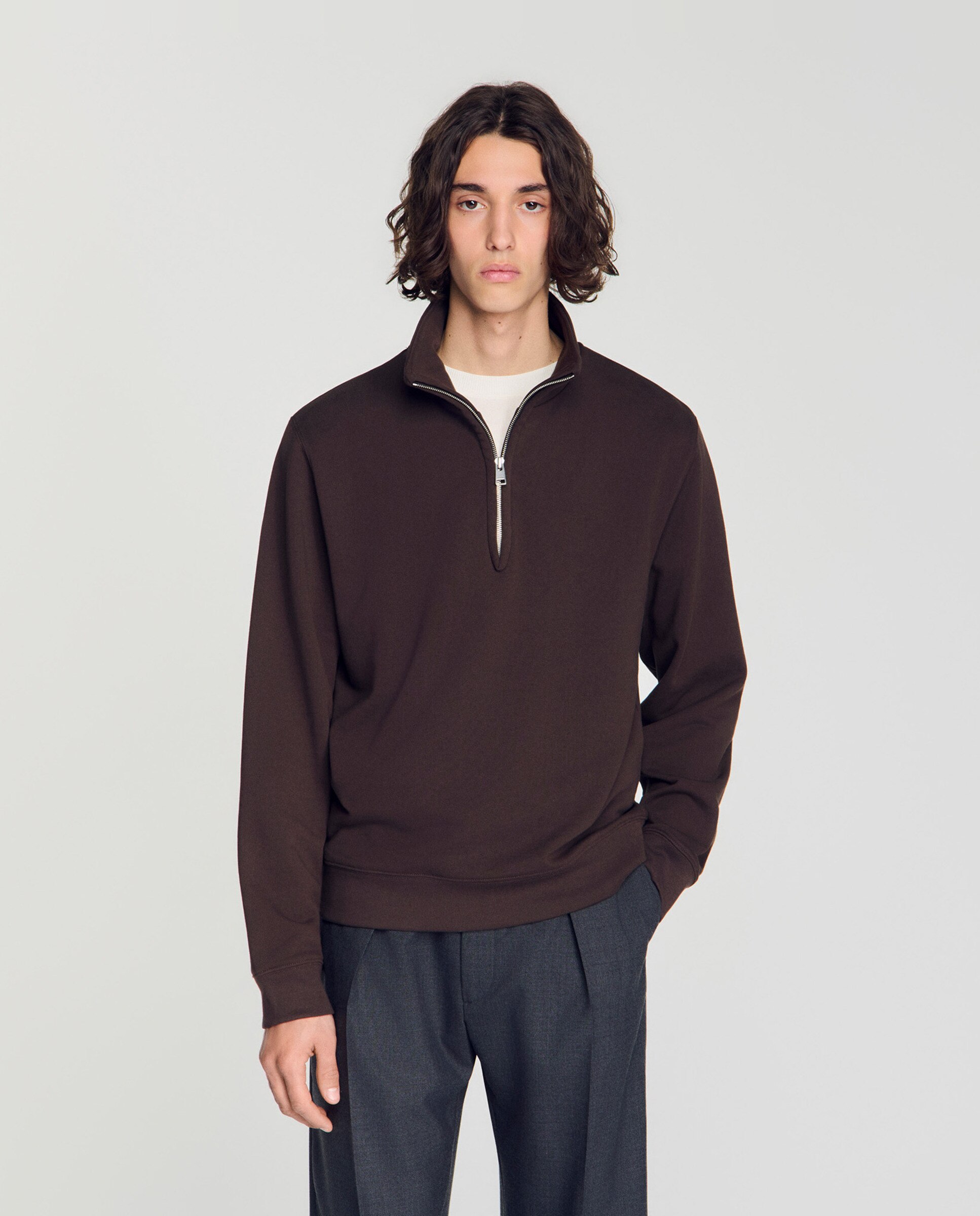 Sudadera con cremallera de hombre de algodón de corte clásico - Sandro - Marrón oscuro Marrón oscuro-1