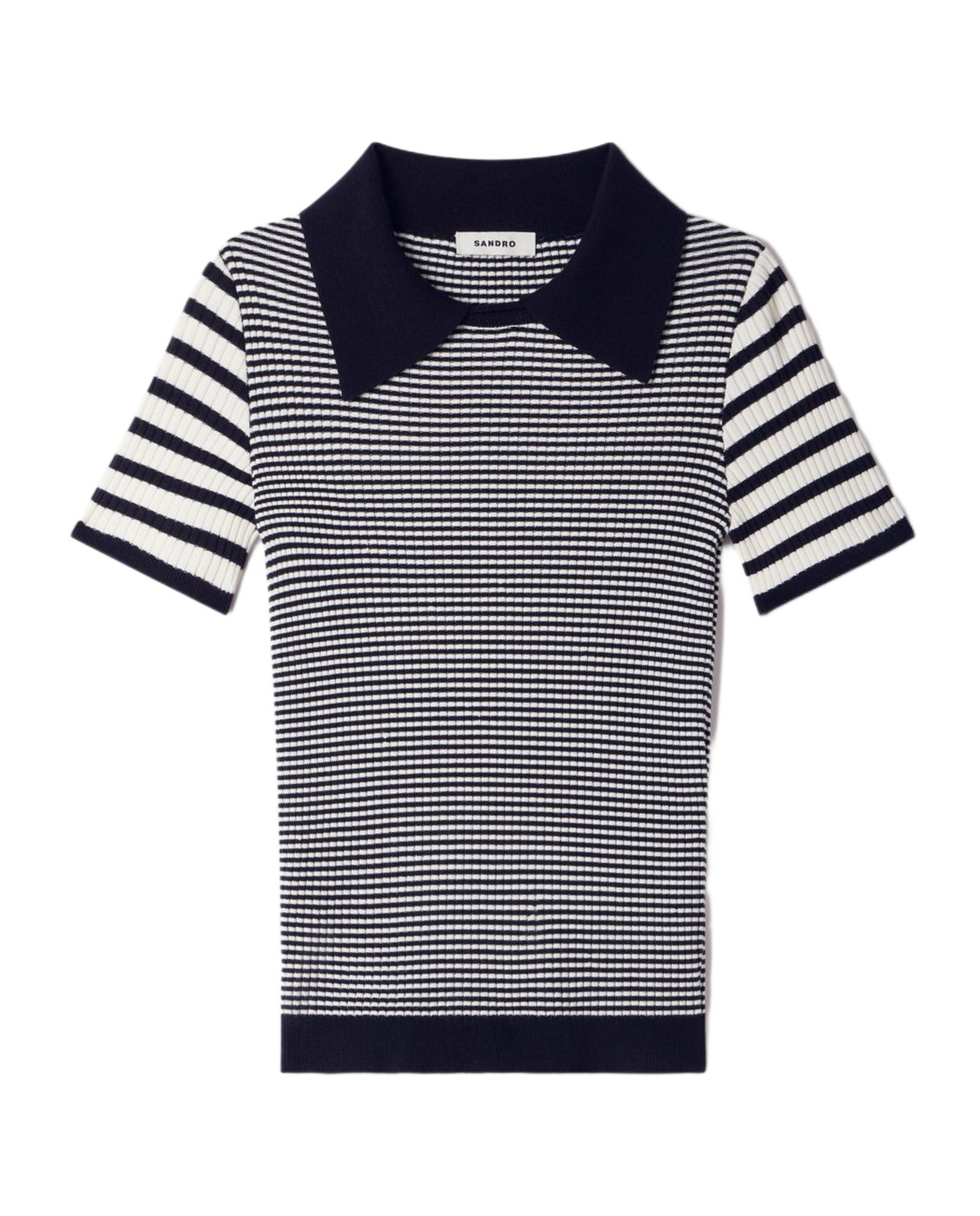 Jersey de punto de mujer entallado de rayas con cuello polo - Sandro - Negro / Natural Negro / Natural-6