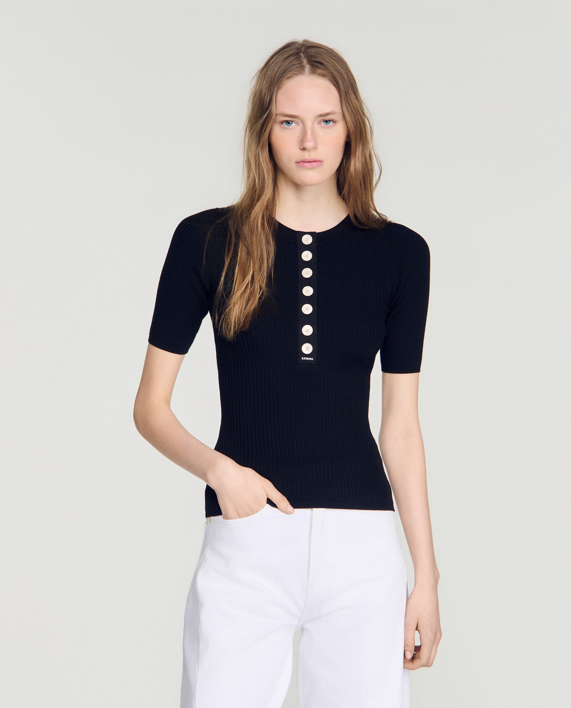 Imagen 0 de Jersey de punto de mujer de canalé abotonado Negro