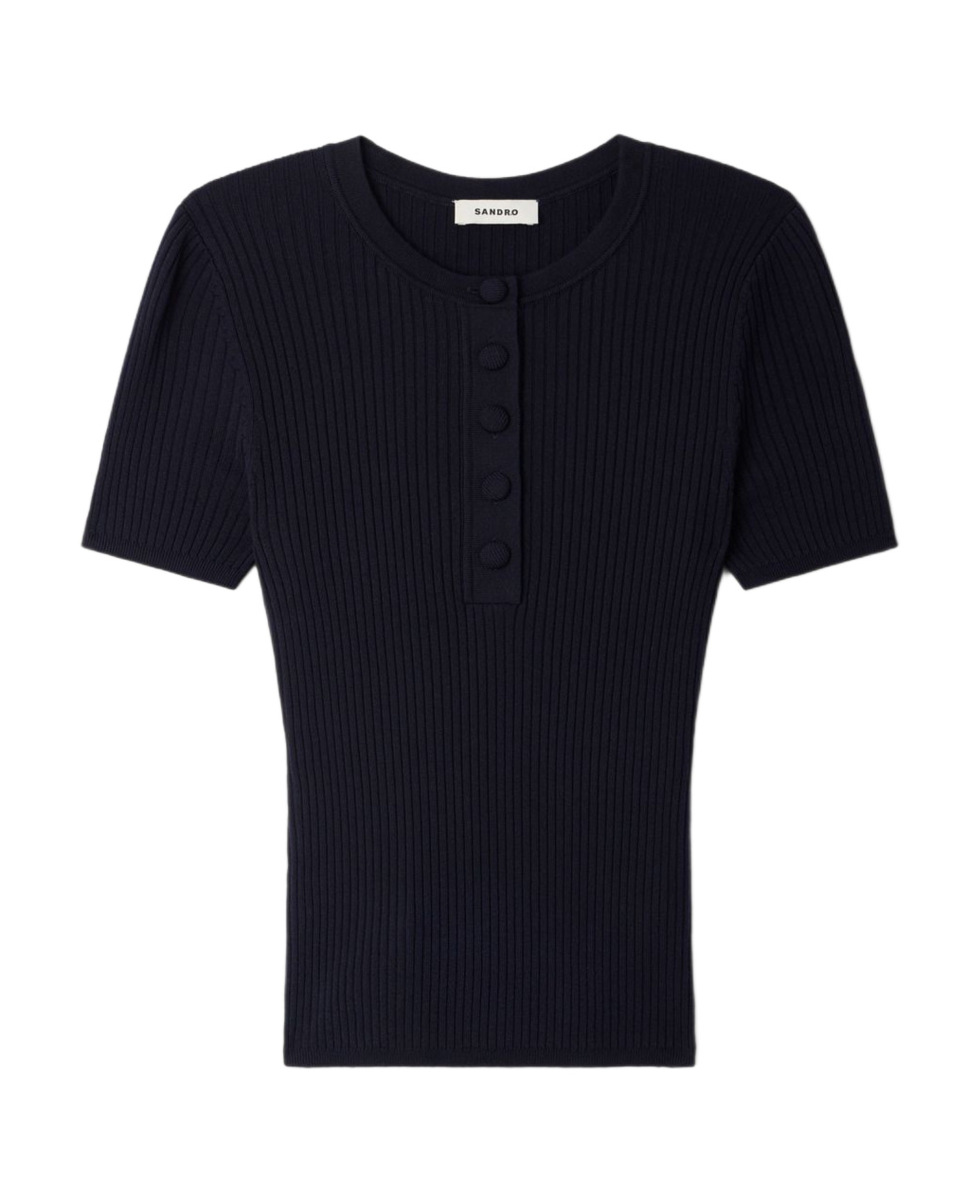 Jersey de punto de mujer de canalé de manga corta ajustado - Sandro - Azul marino Azul marino-6