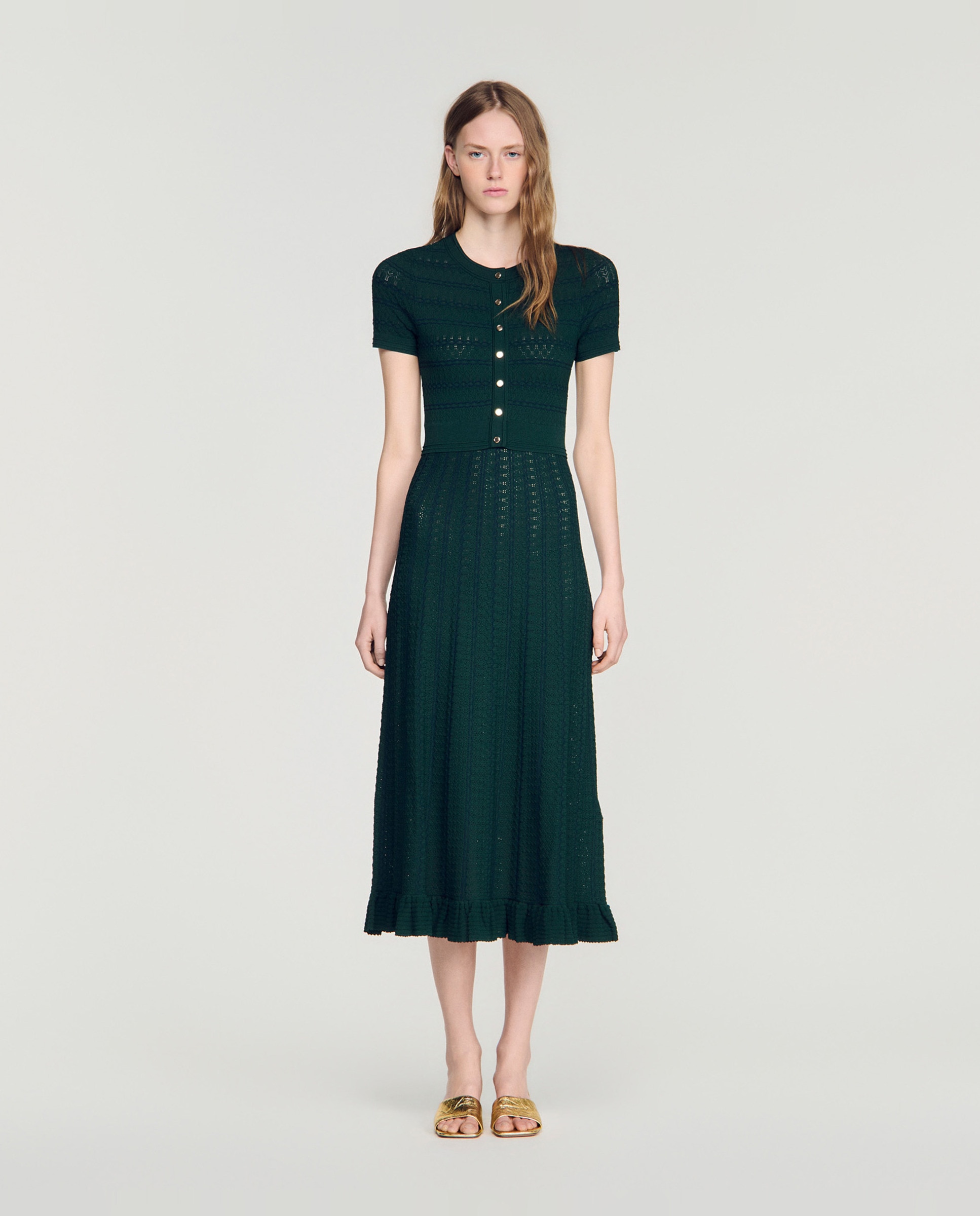 Vestido largo acampanado de punto pointelle - Sandro - Verde Verde-1
