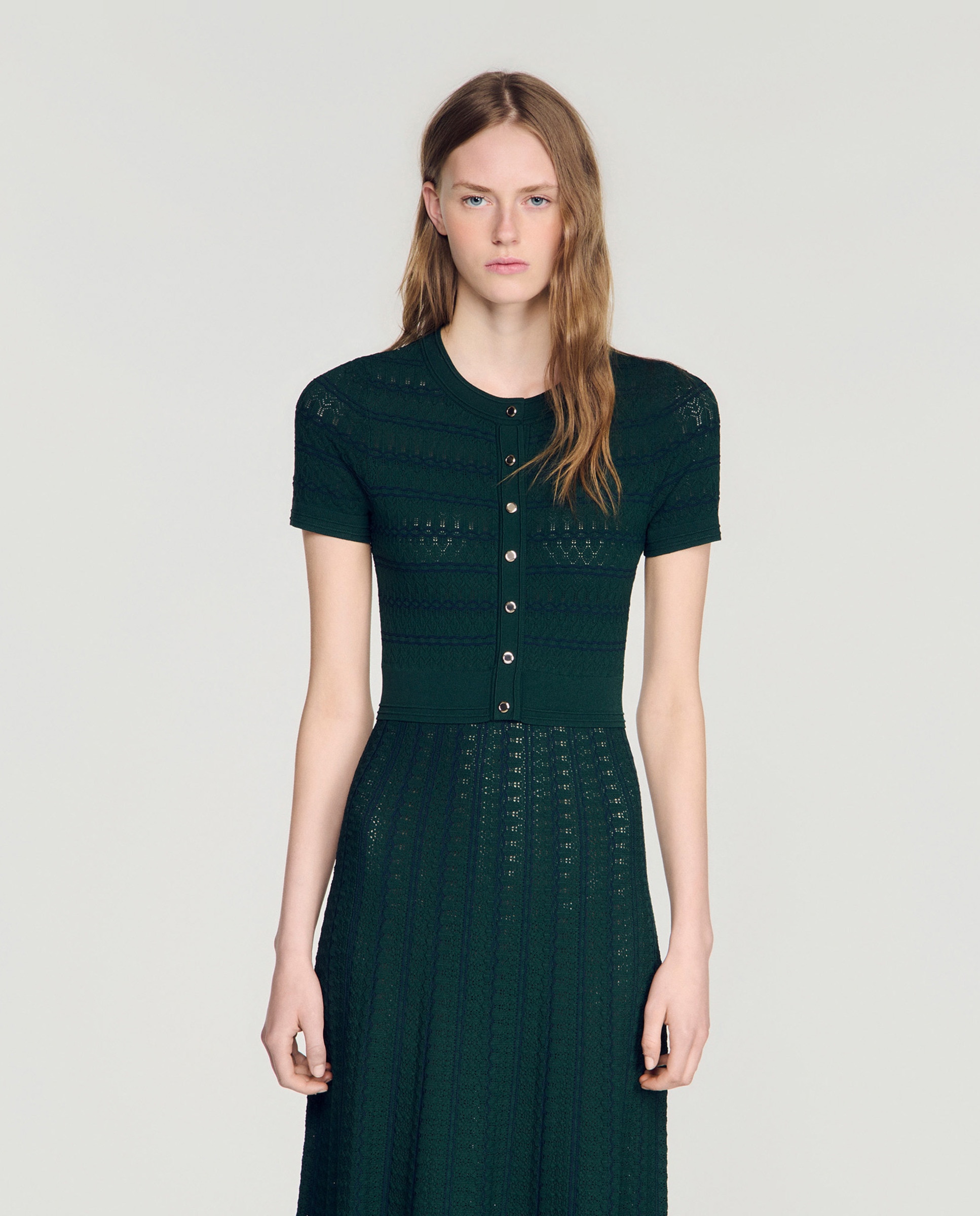 Vestido largo acampanado de punto pointelle - Sandro - Verde Verde-3