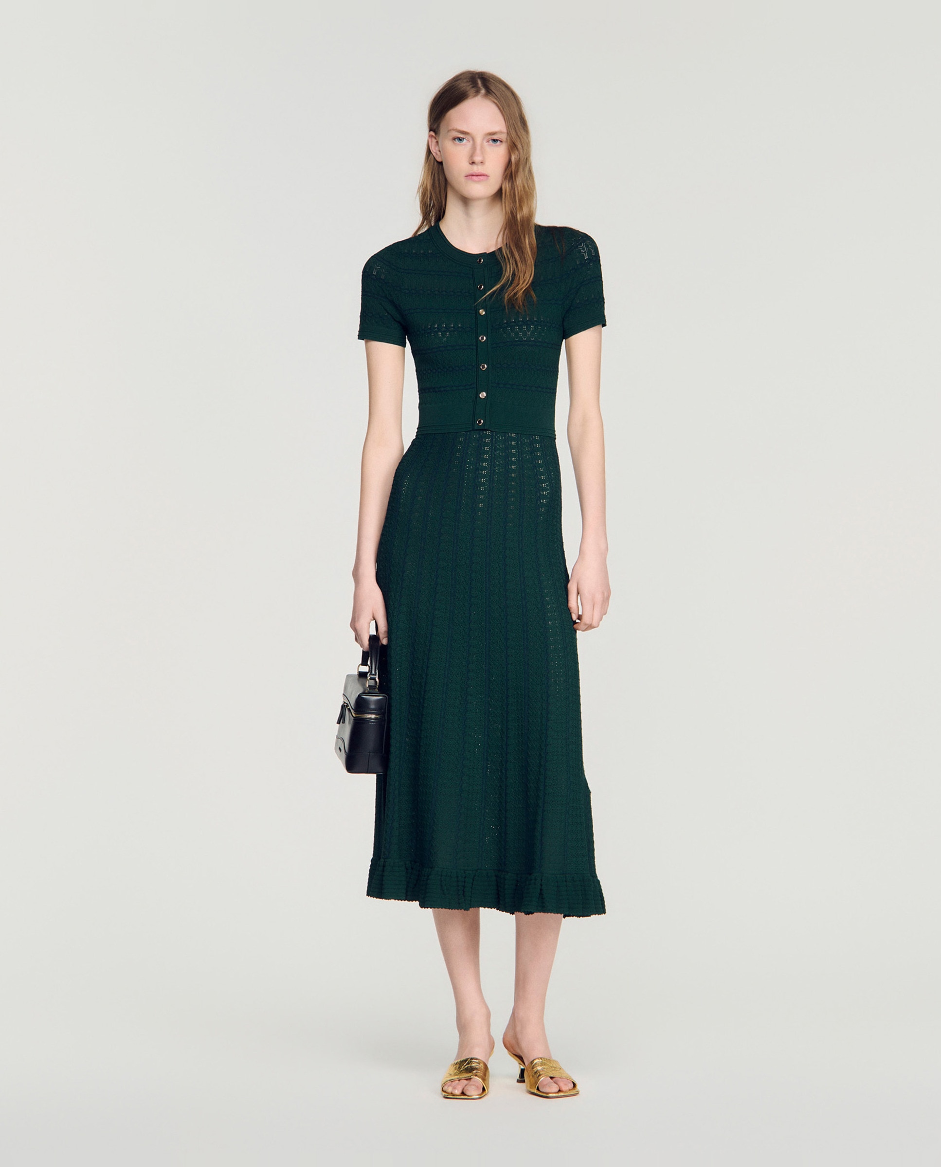 Vestido largo acampanado de punto pointelle - Sandro - Verde Verde-5