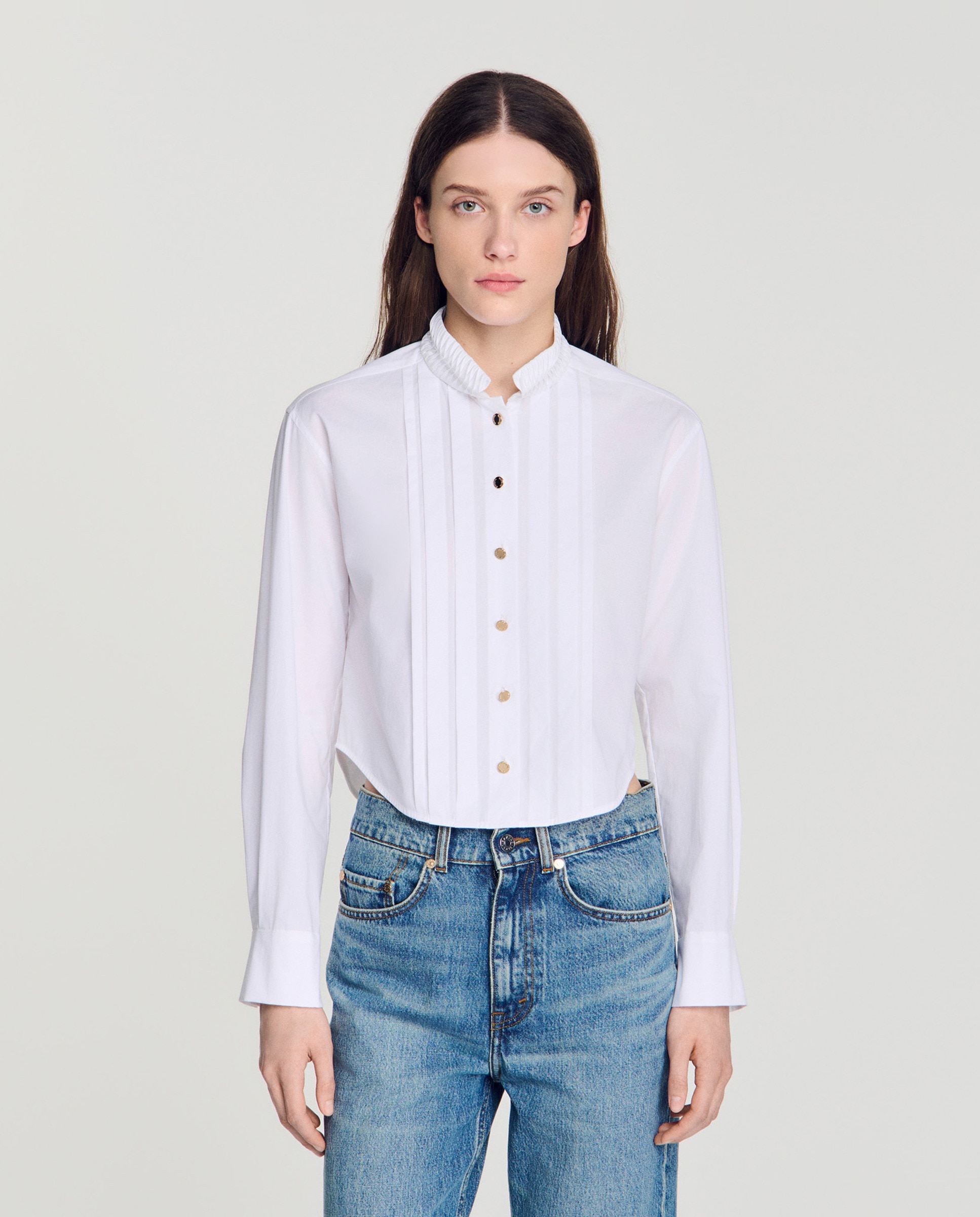 Camisa de mujer plisada 100% algodón con cuello origami y manga larga - Sandro - Blanco Blanco-1