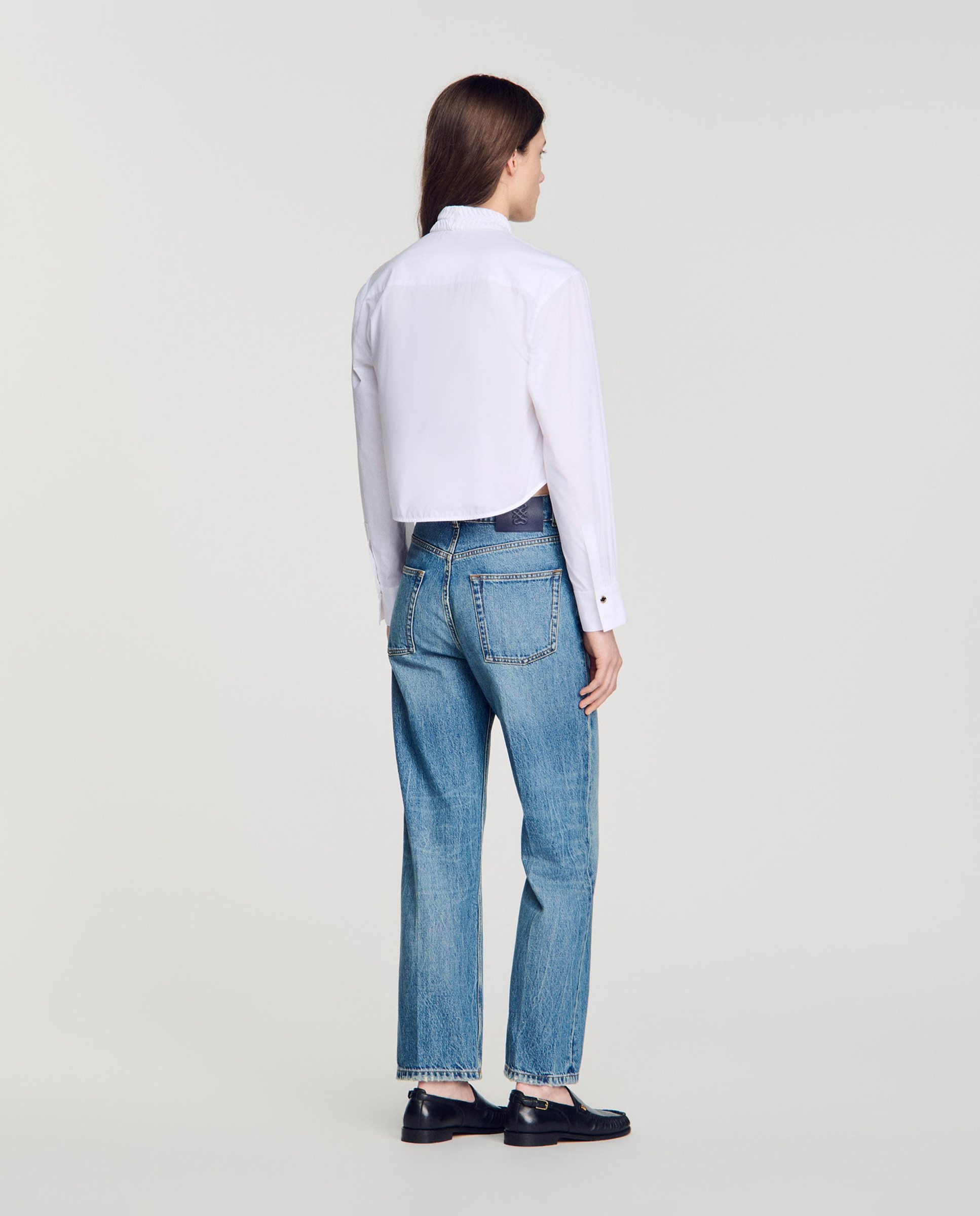 Camisa de mujer plisada 100% algodón con cuello origami y manga larga - Sandro - Blanco Blanco-2