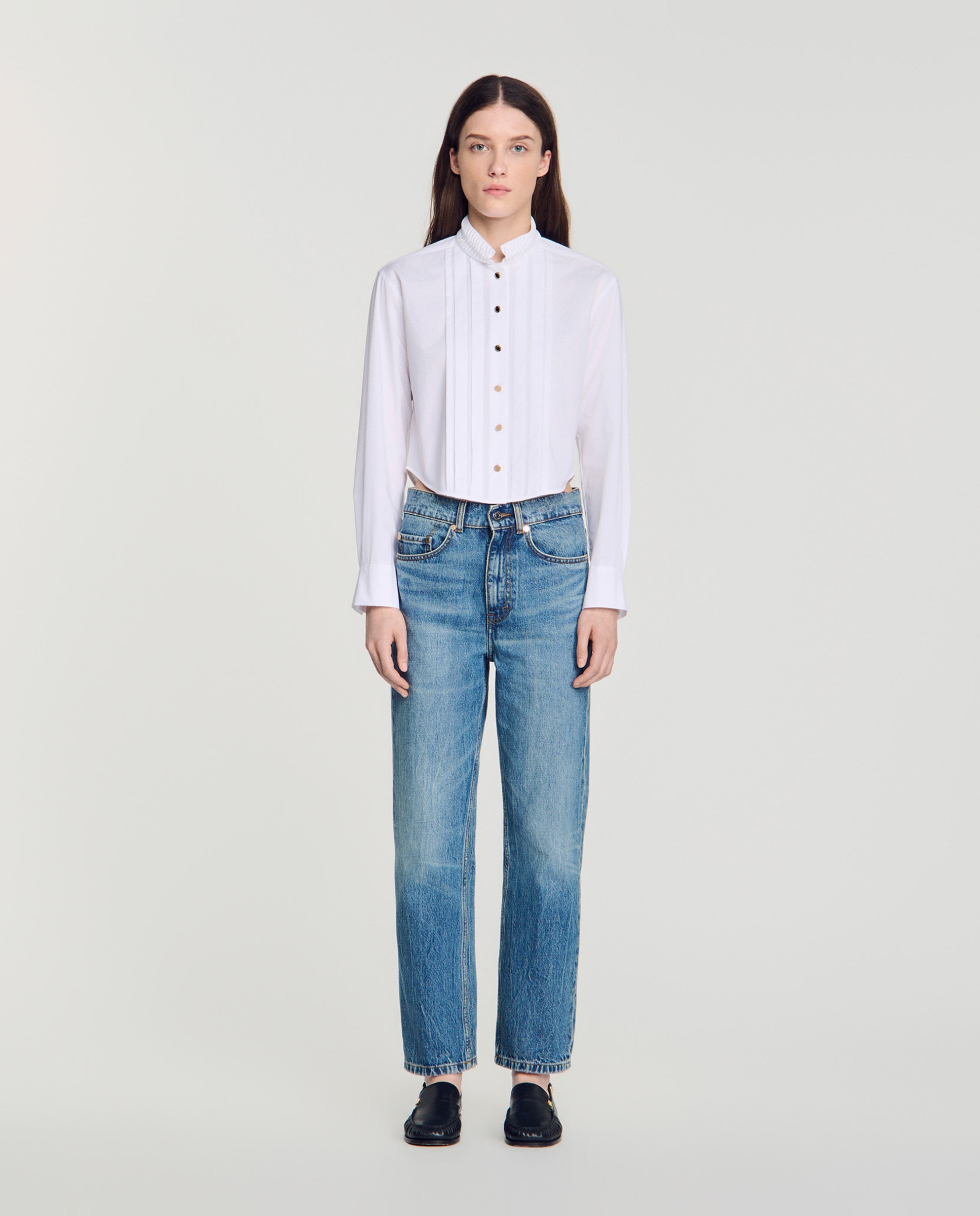 Camisa de mujer plisada 100% algodón con cuello origami y manga larga - Sandro - Blanco Blanco-3