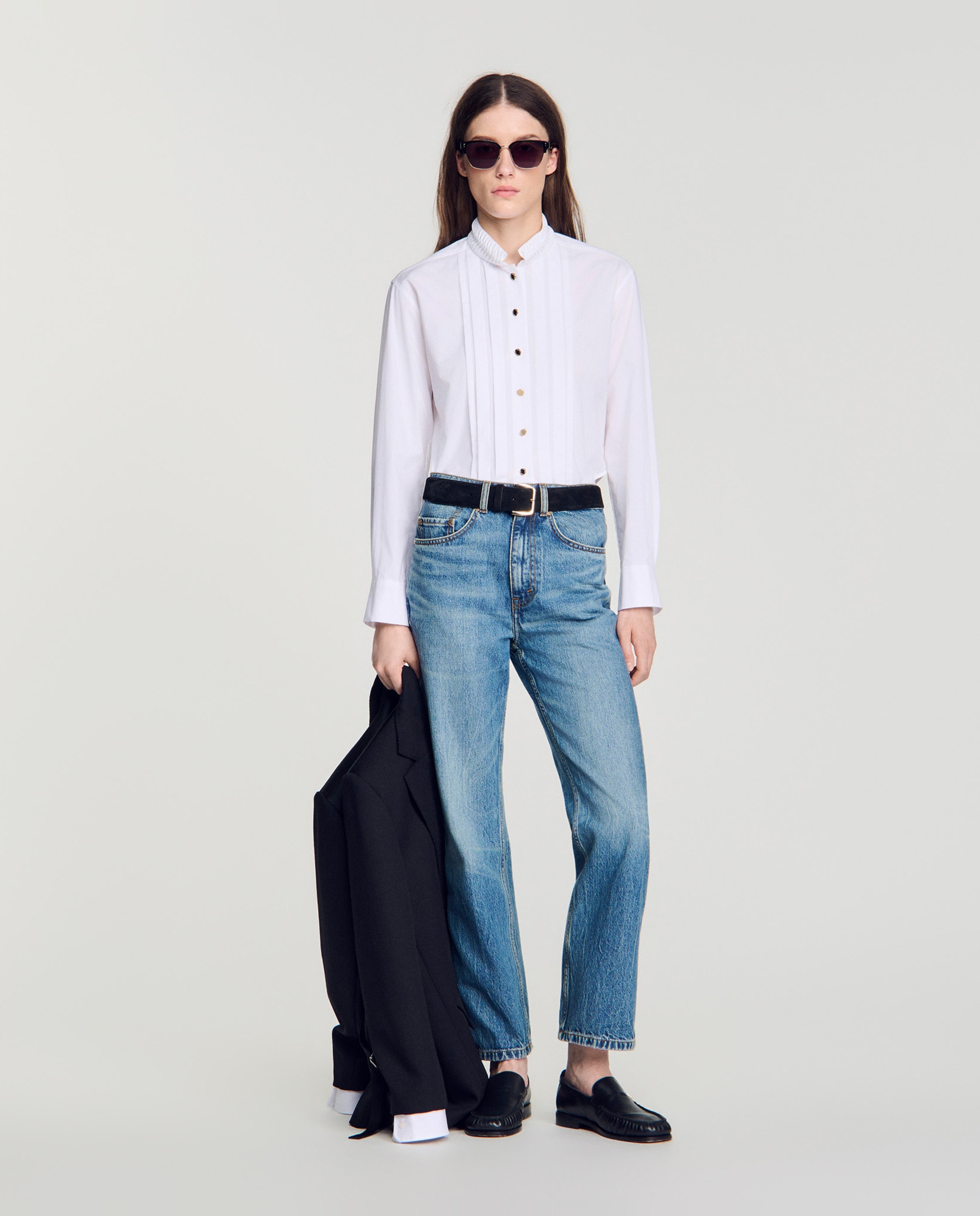 Camisa de mujer plisada 100% algodón con cuello origami y manga larga - Sandro - Blanco Blanco-4